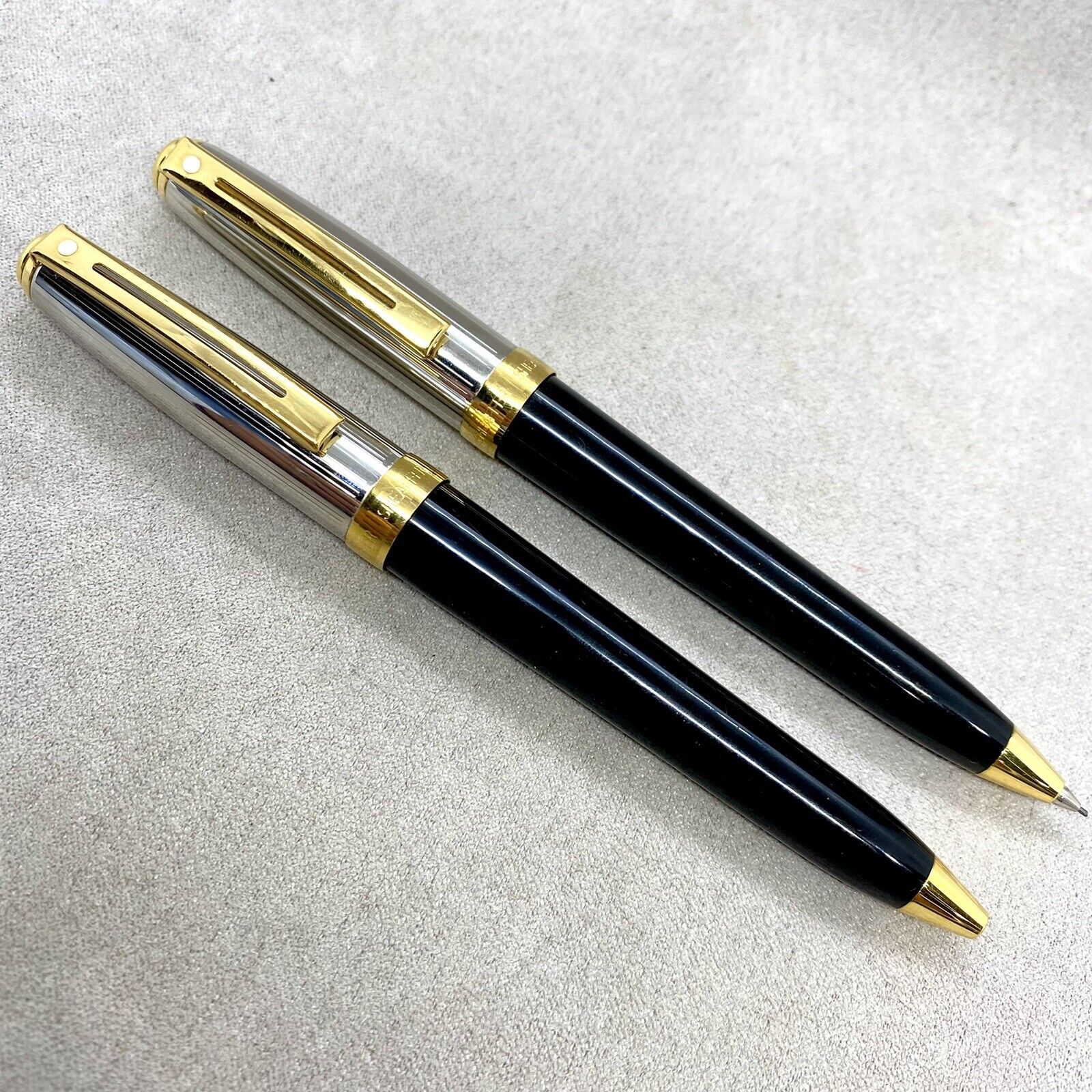 Vintage Sheaffer Ballpoint Pen & Pencil Set Black Lacquer Palladium White Dot