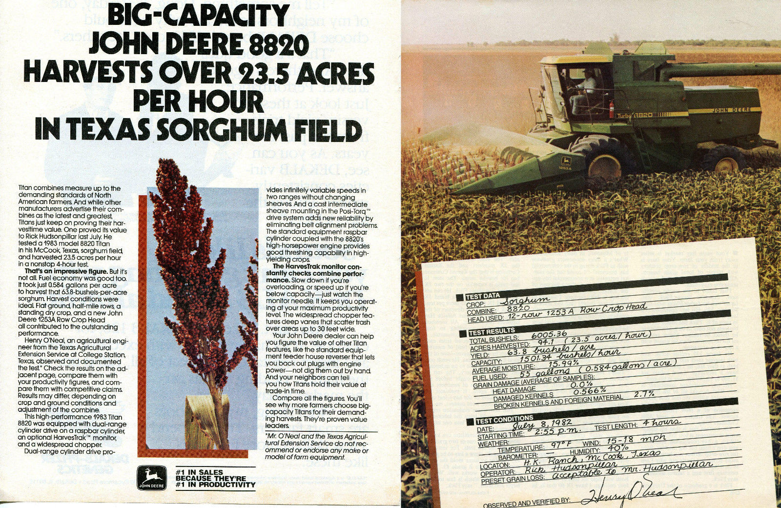 1983 2pg Print Ad of John Deere 8820 Titan Combine Tractor Texas Sorghum Field