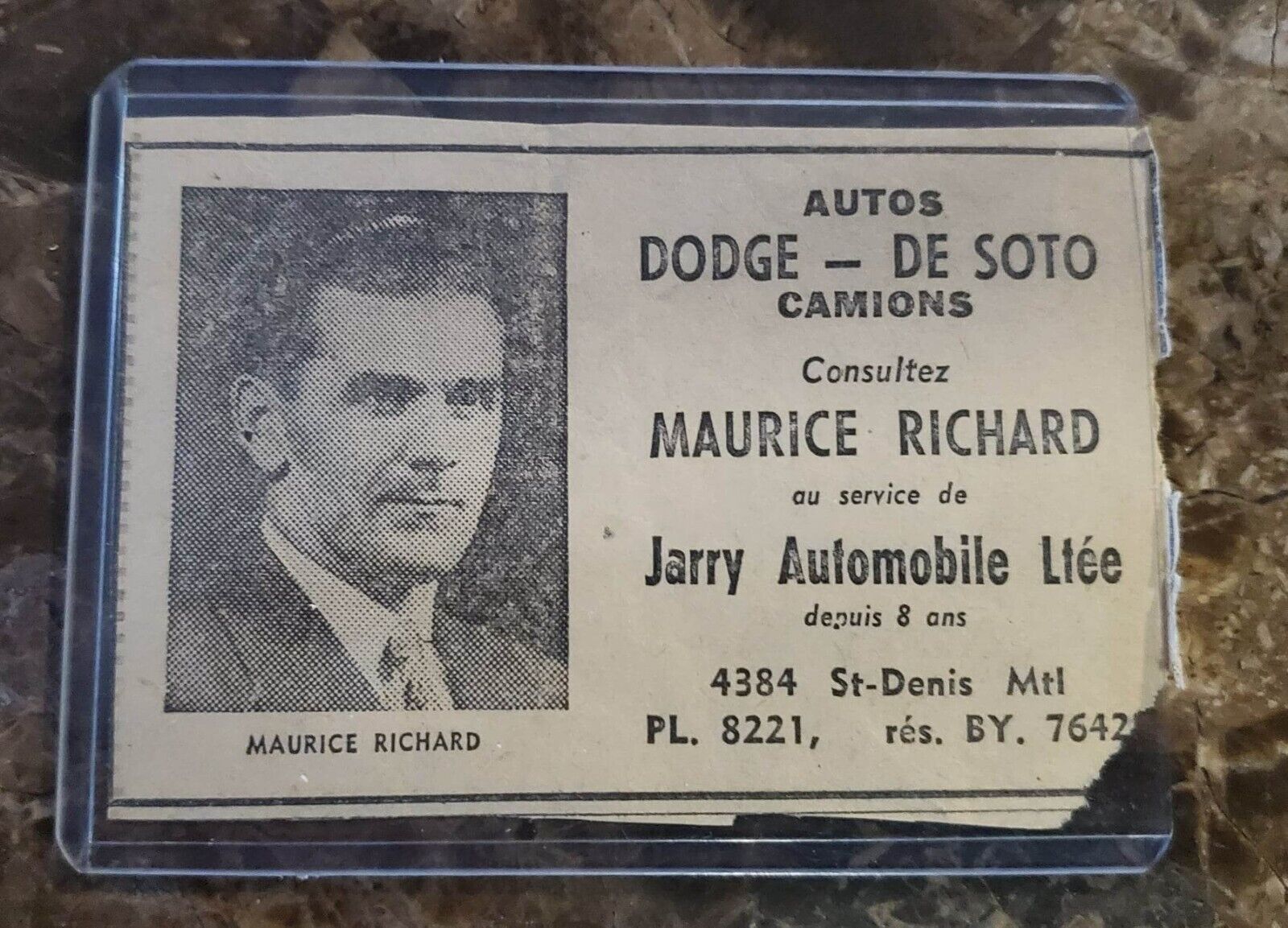 *Collectible Newspaper Add - Maurice Richard Car Seller in Montreal - Jarry Auto