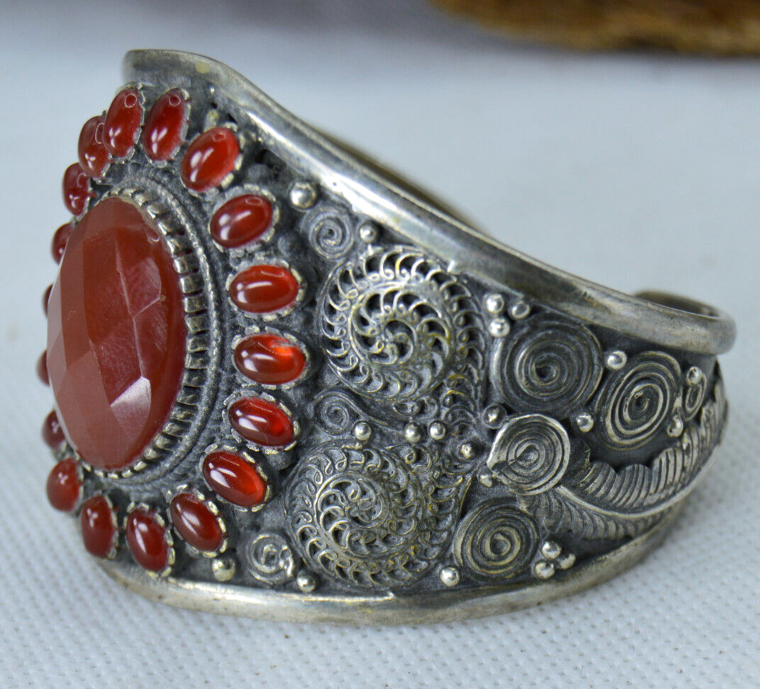 Ancient Old Victorian Silver Bracelet Cuff With Carnelian Stones Amazing Bangle
