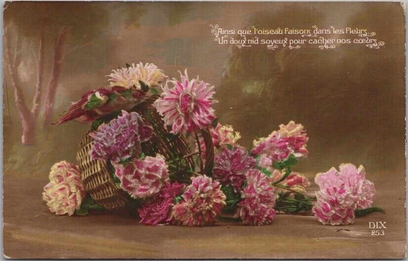 1916 French RPPC Greetings Postcard Basket of Flowers / Colored Real Photo
