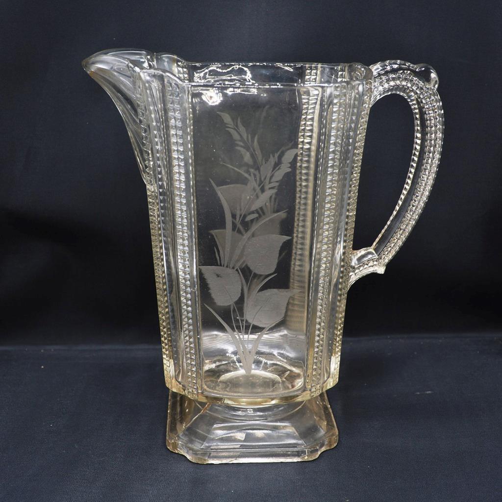 EAPG Antique Elegant Glass Pitcher Square Etched Footed