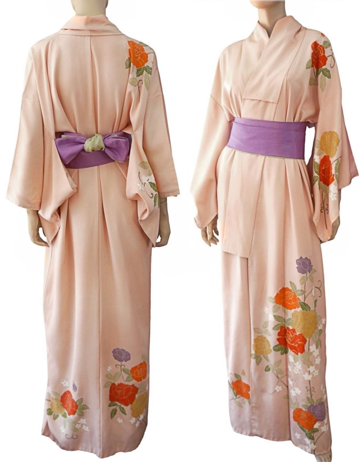 JAPANESE Vintage Kimono Pale Pink Floral Metallic Silk Crepe Robe RARE PRISTINE