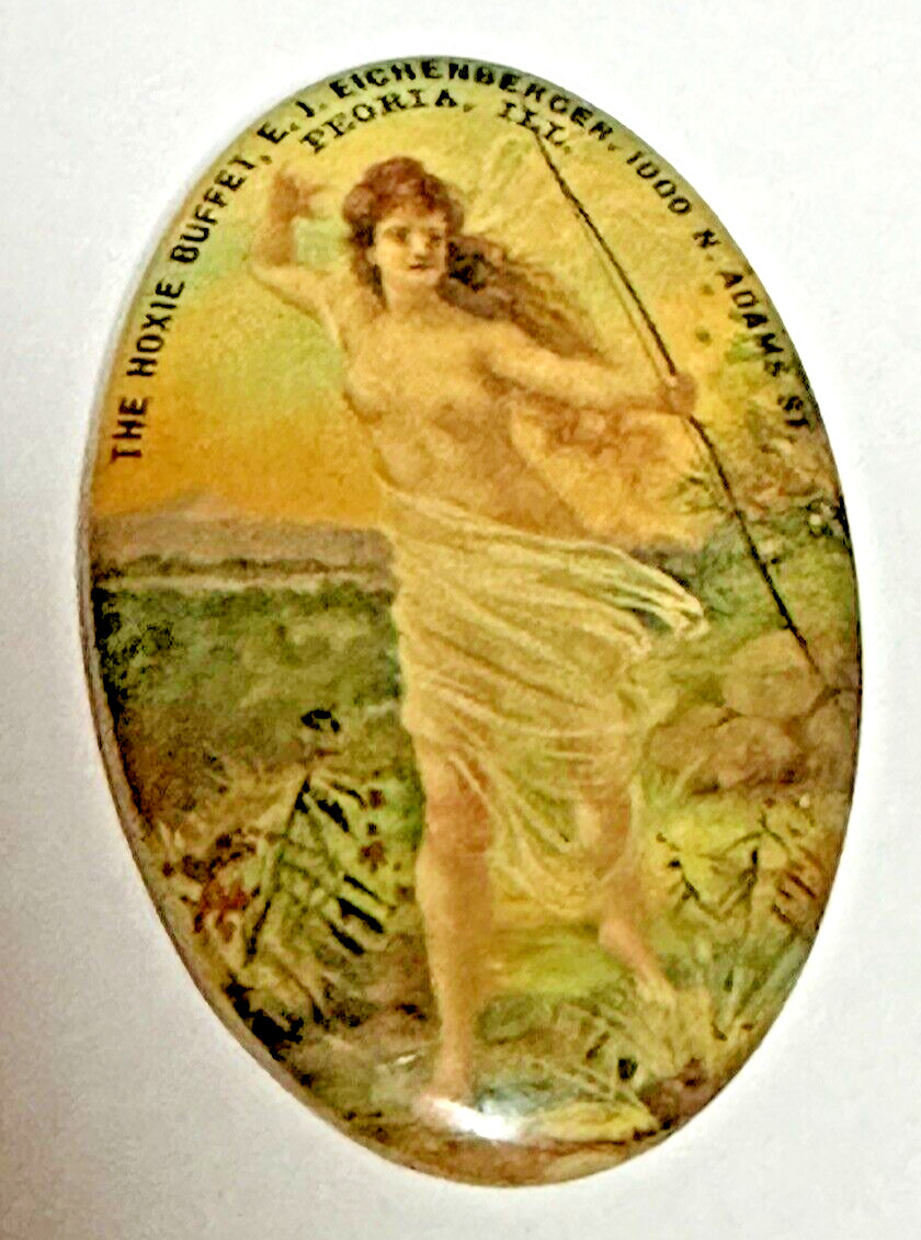 Early 1900s Hoxie Buffet full color RISQUE Advertising POCKET MIRROR