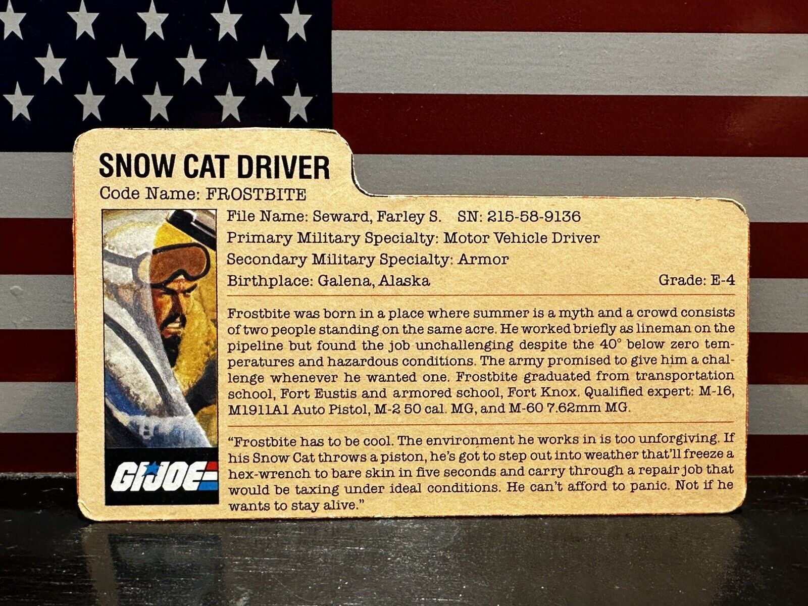 1985 GI Joe FROSTBITE  File Card Only Near Mint ARAH vintage Snow Cat Driver
