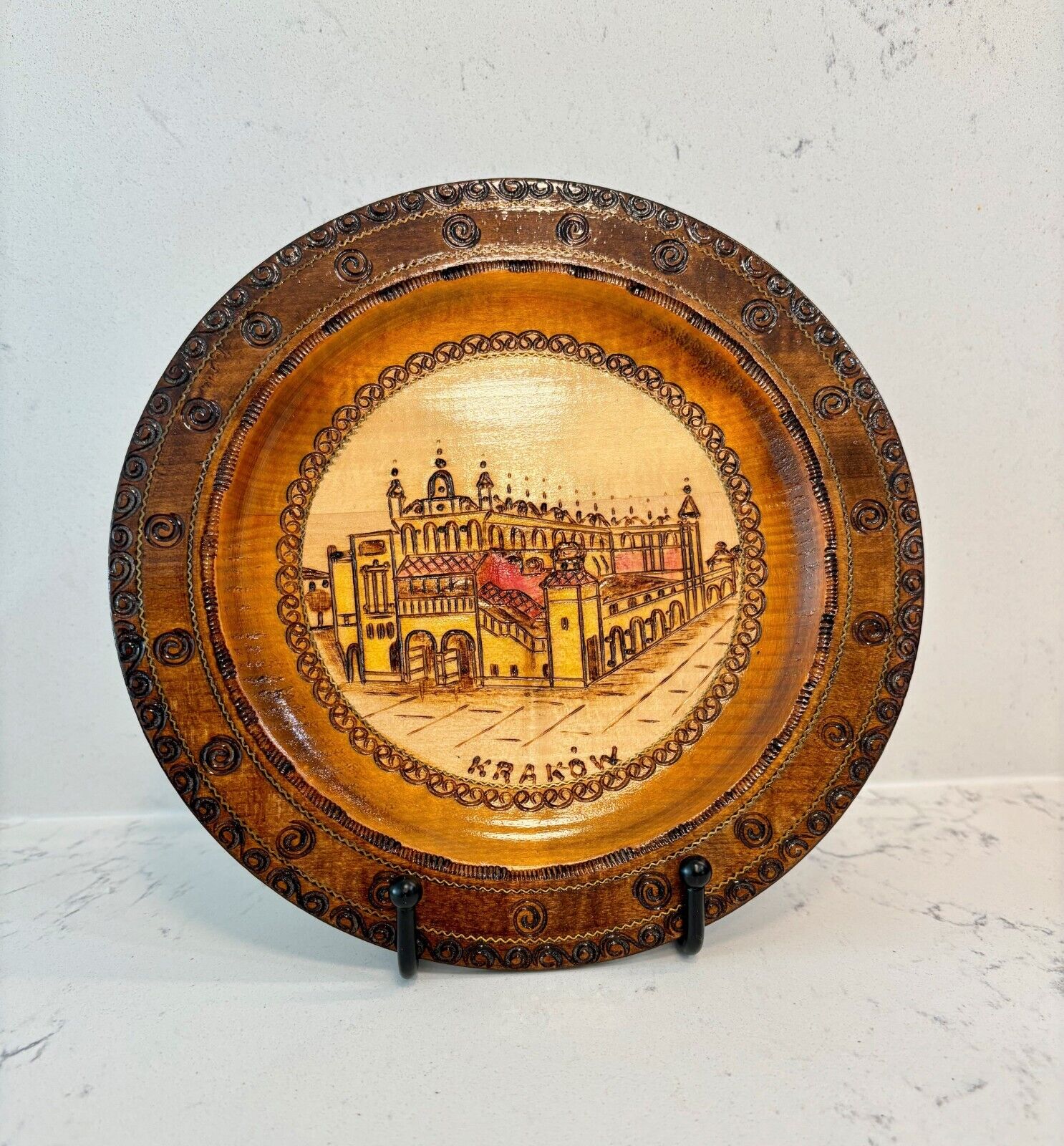 Vintage Hand Crafted Wooden Plate Krakow Poland Wall Hanging - Hand Carved Paint