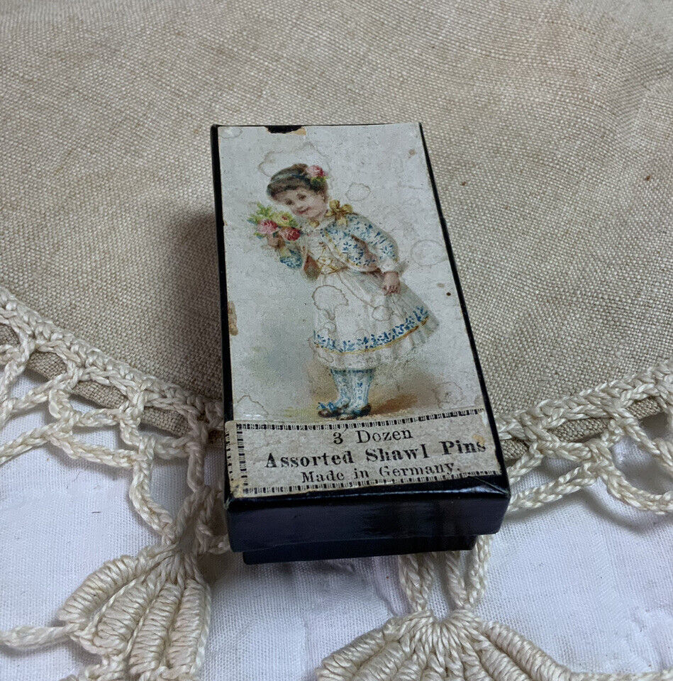 Antique Box, 1880’s, Assorted Shawl Pins, Germany, Little Girl, Small Size