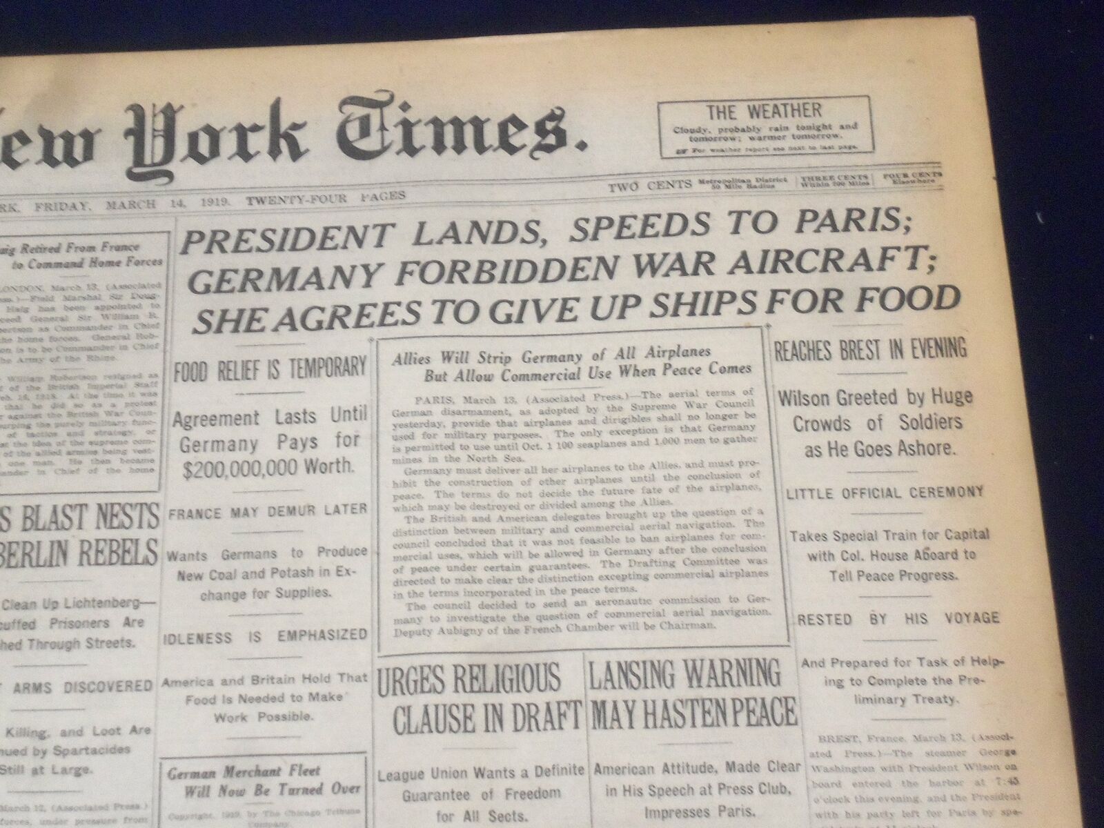 1919 MARCH 14 NEW YORK TIMES - PRESIDENT LANDS, SPEEDS TO PARIS - NT 9274