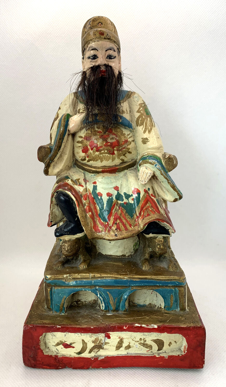 Vintage Imperial Chinese Deity Figurine Polychrome Wood Temple Chair Hair Hand