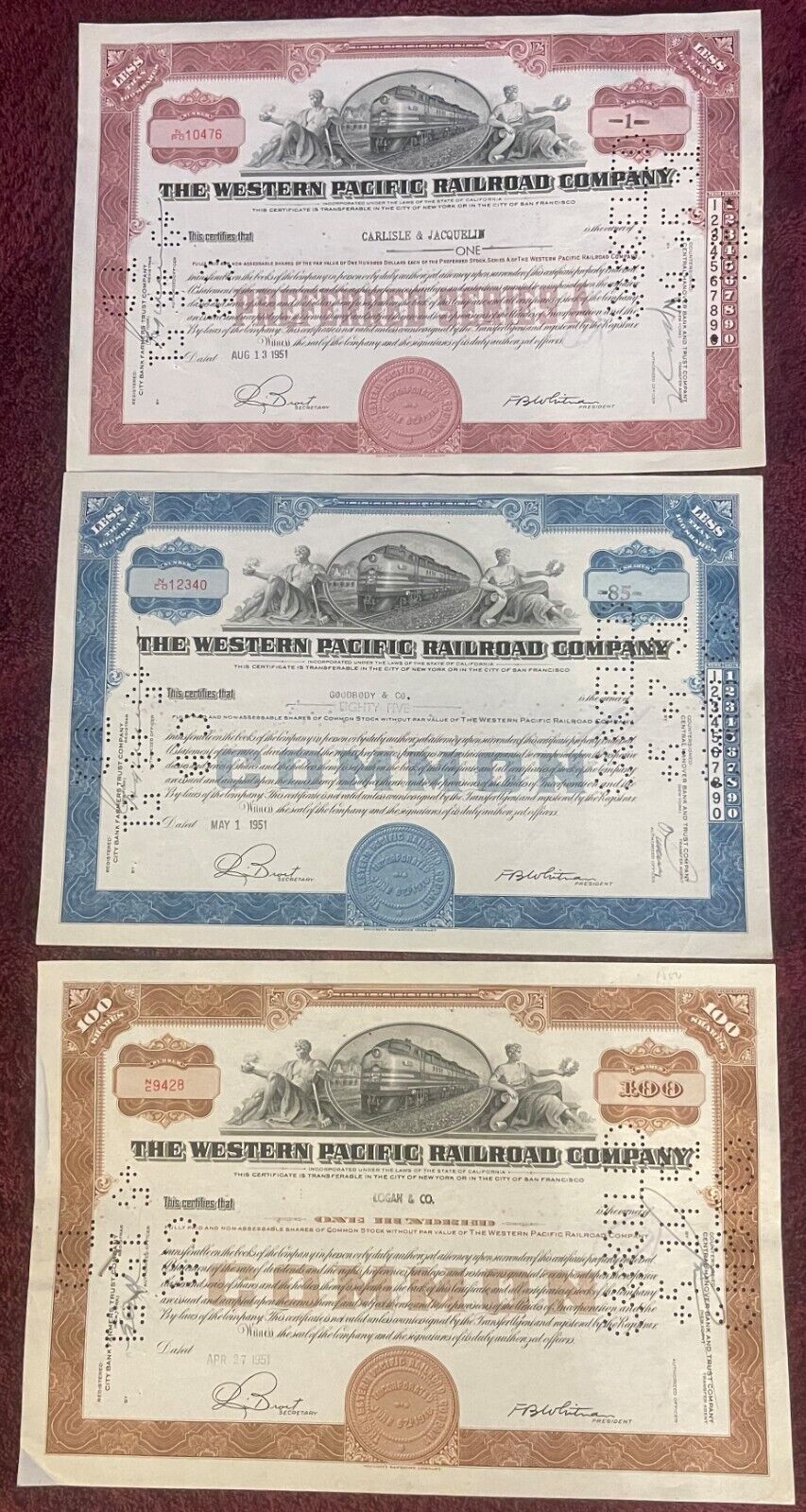 Antique Vintage 1940s-50s Combo Western Pacific Railroad Co. Stock Certificate