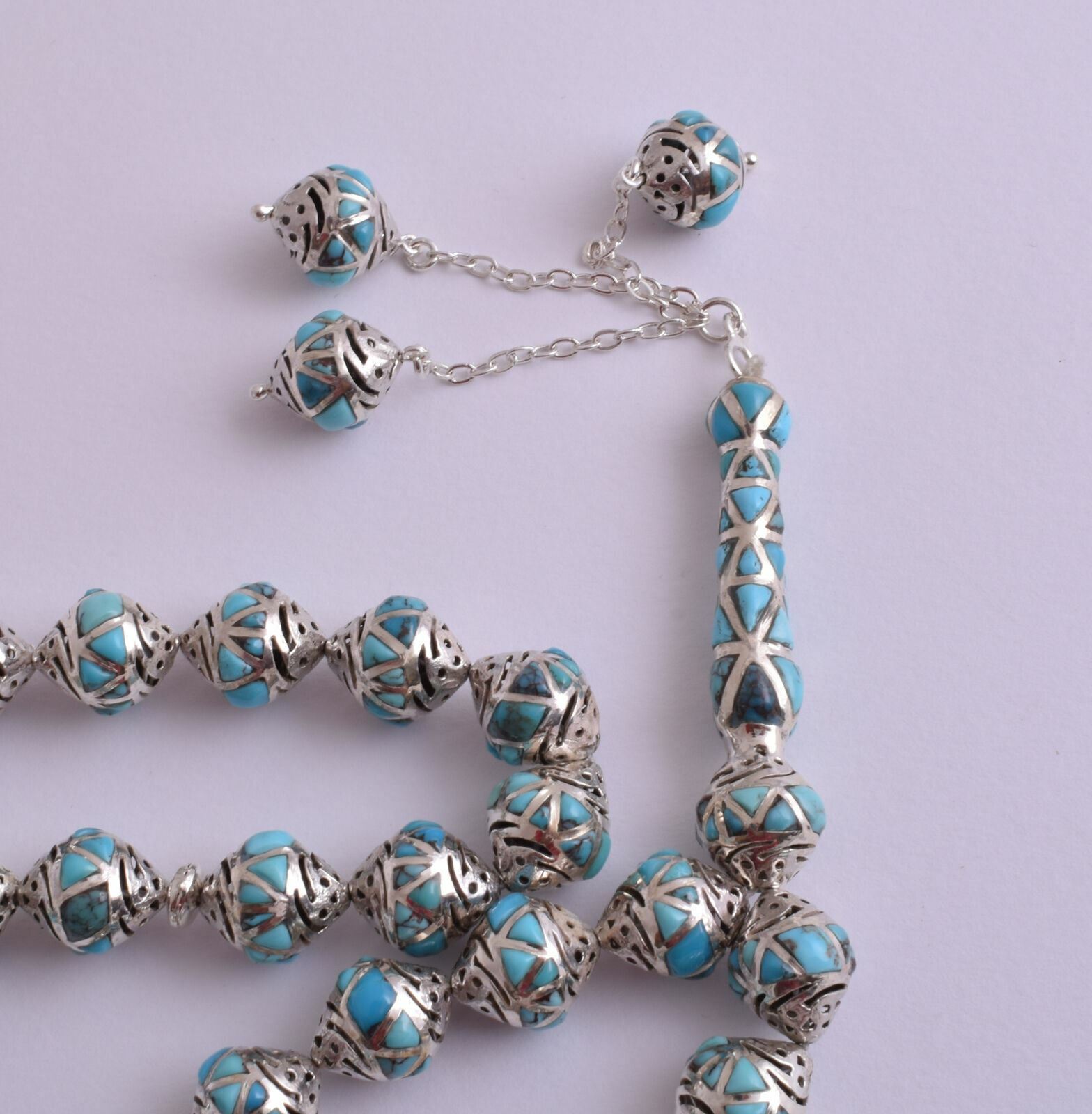 Egyptian Turquoise & sterling silver Islamic raised inlaid prayer beads Tasbih
