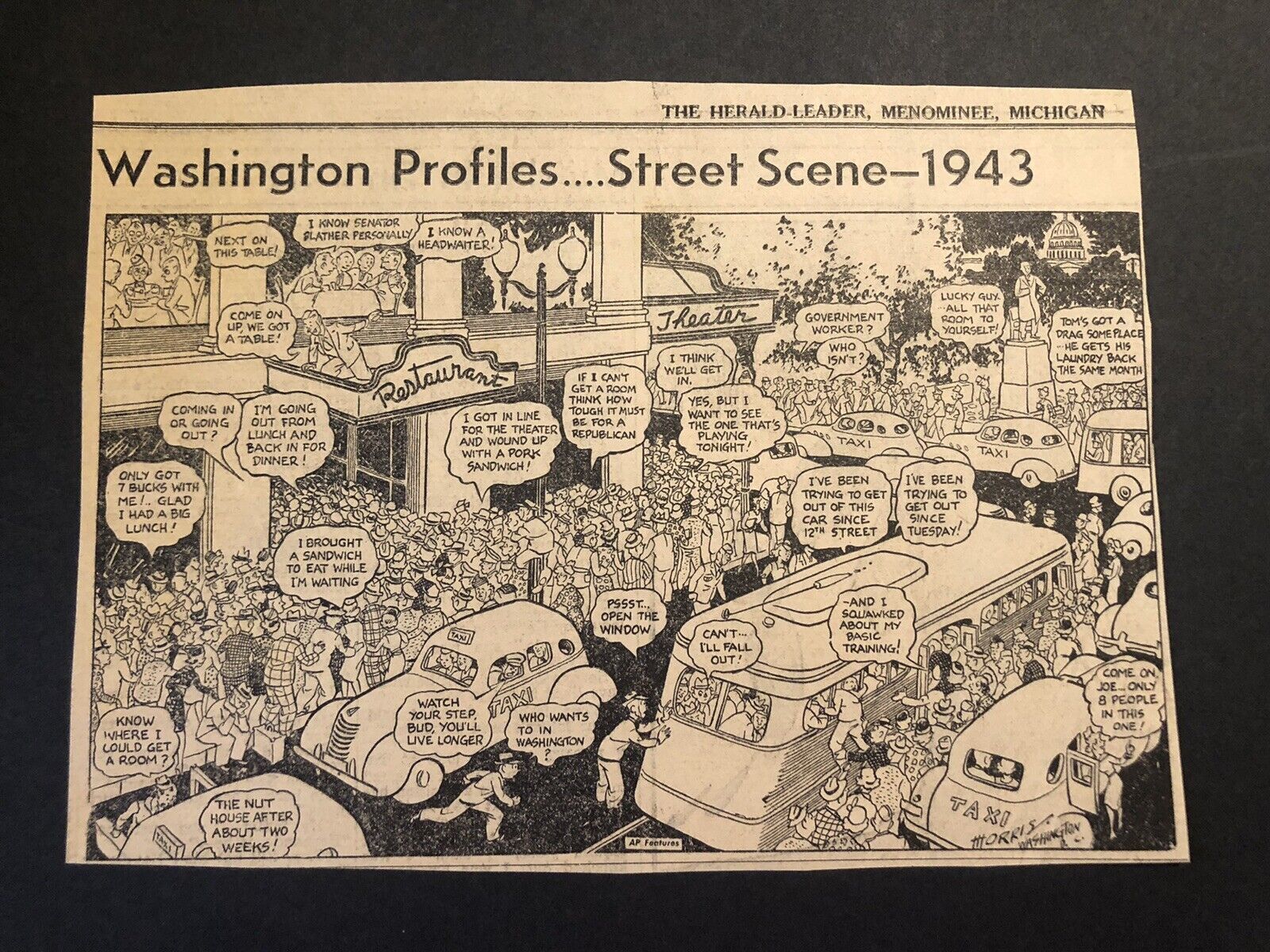 1940’s Washington Profiles Street Scene 1943 Political Cartoon Newspaper Clip
