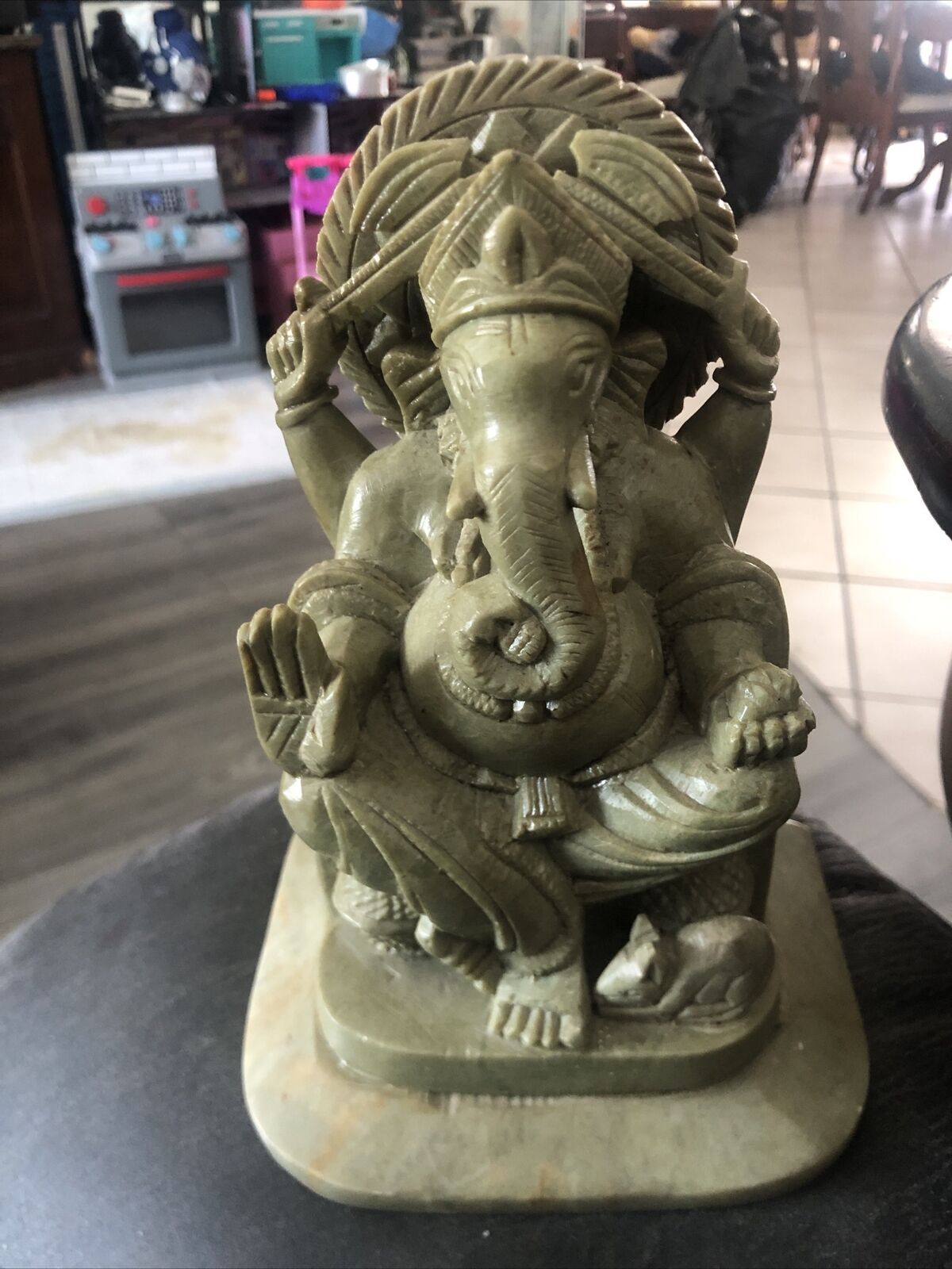 VTG Ganesh / Lord Ganesha Elephant God Hand Carved Green soapstone statue 6.75”
