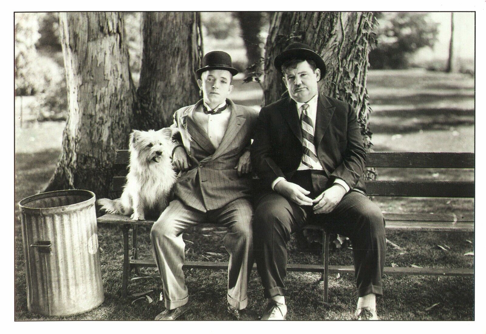 Laurel & Hardy with Dog on Park Bench 1991 Larry Harmon Postcard