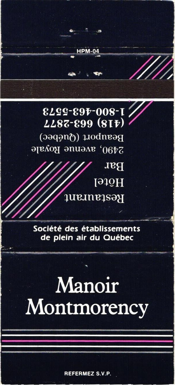 Quebec Canada Manoir Montmorency Restaurant Hotel Vintage Matchbook Cover