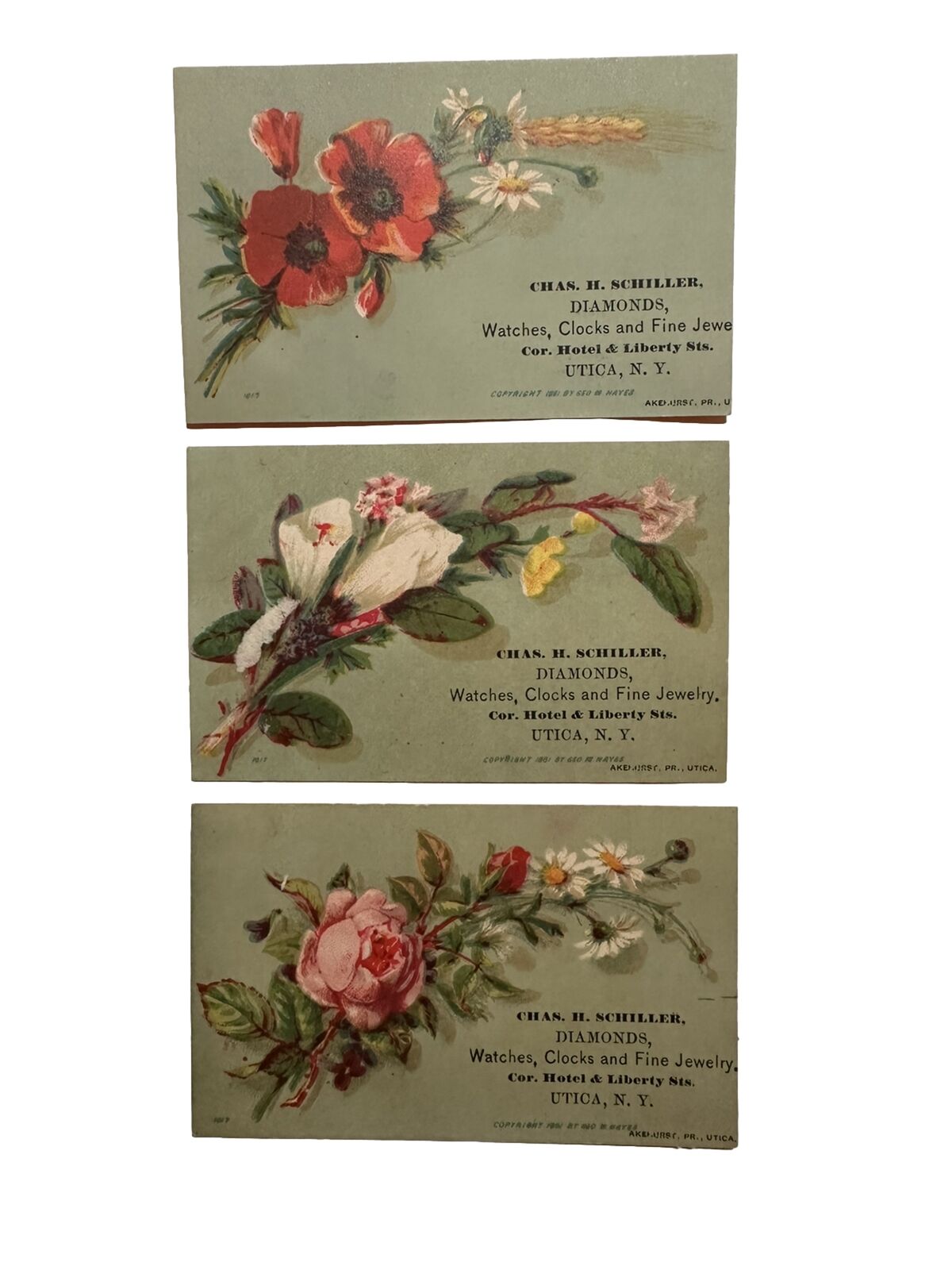 3 VICTORIAN TRADE CARDS c1880s CHAS SCHILLER JEWELER GEO M HAYES 1881 UTICA B51