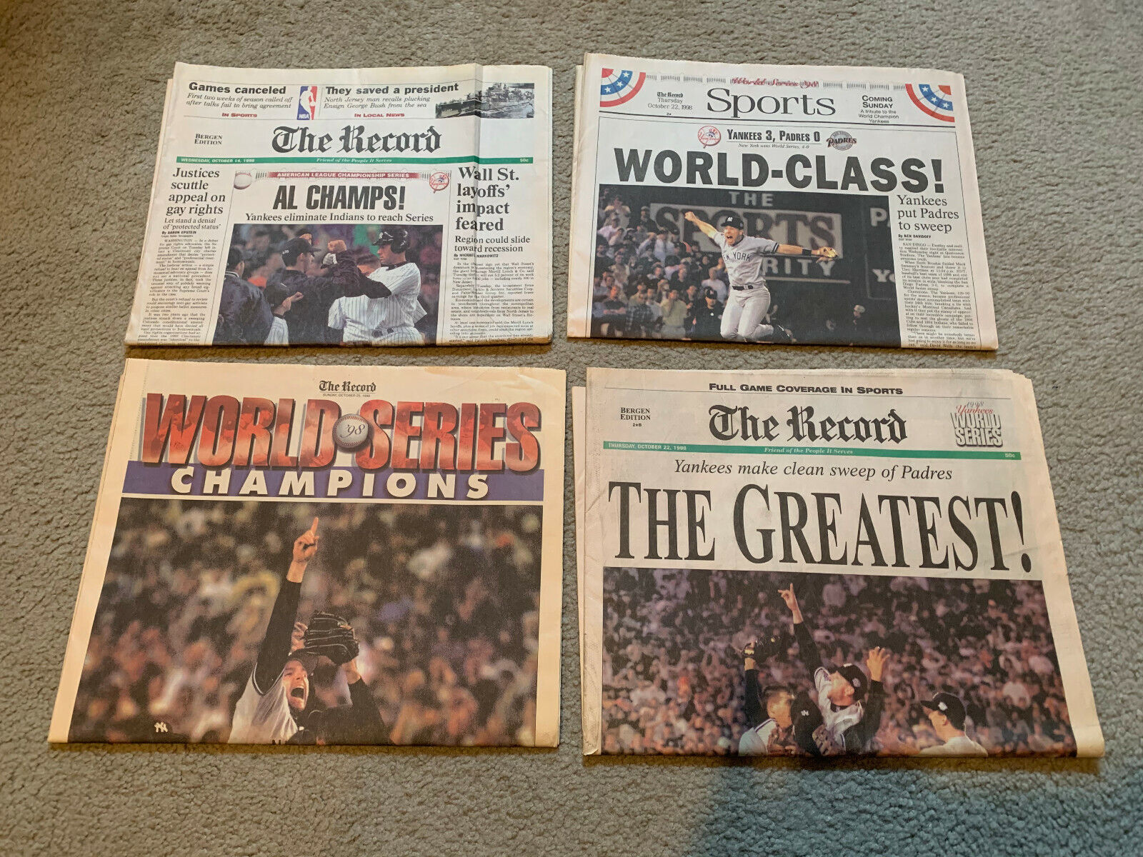 1998 NY Yankees World Series Newspapers - The Record - 4 Different Papers