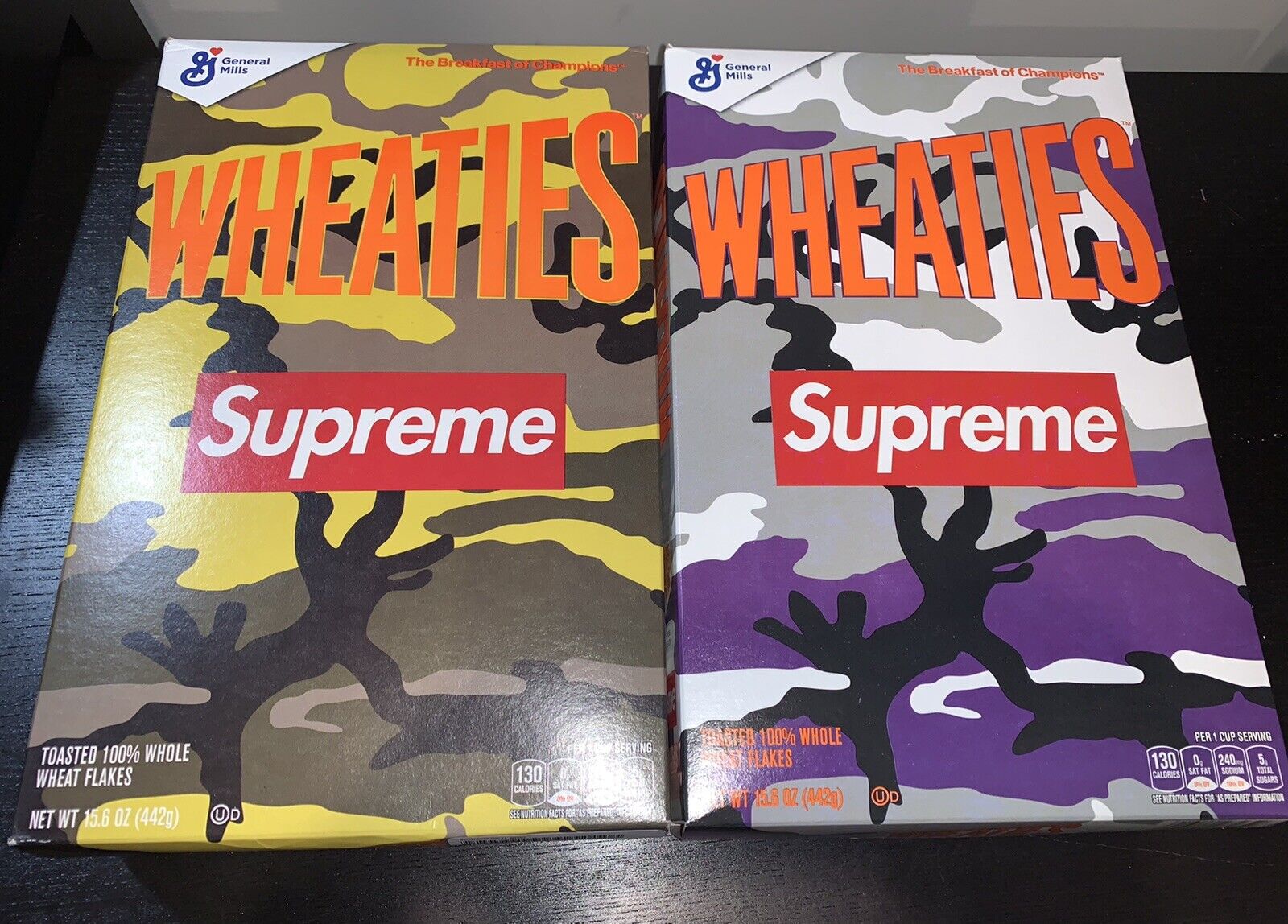 SUPREME WHEATIES CEREAL SET OF 2 PACK (EACH COLOR) BOX LOGO CAMO SEALED IN HAND