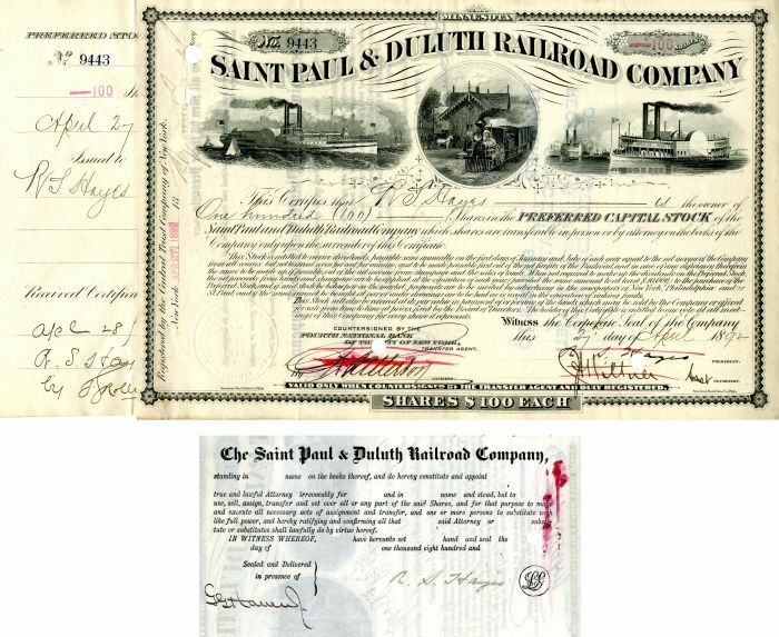 Saint Paul and Duluth Railroad Co. Issued to and signed by R.S. Hayes - Autograp