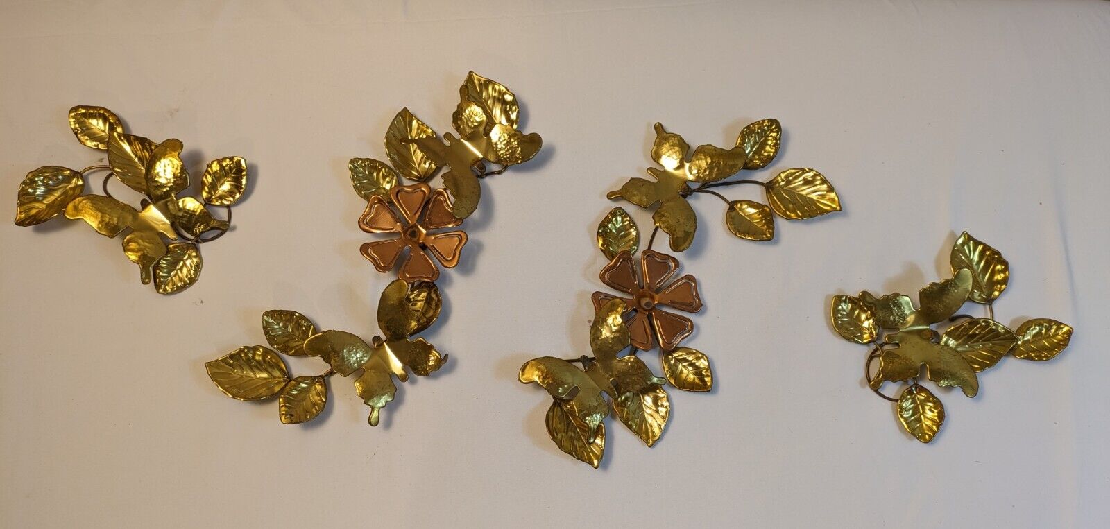 4 Vintage Mid Century Modern Textured Brass Butterfly Copper Flower Wall Decor 