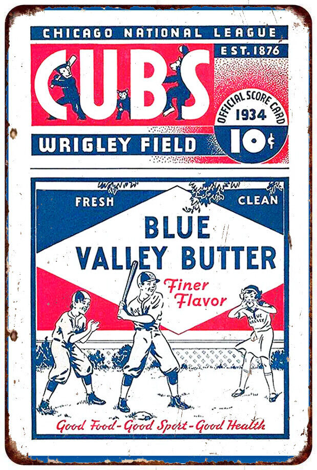 1934 Chicago Cubs Baseball Program Cover - Blue Valley Butter Metal sign