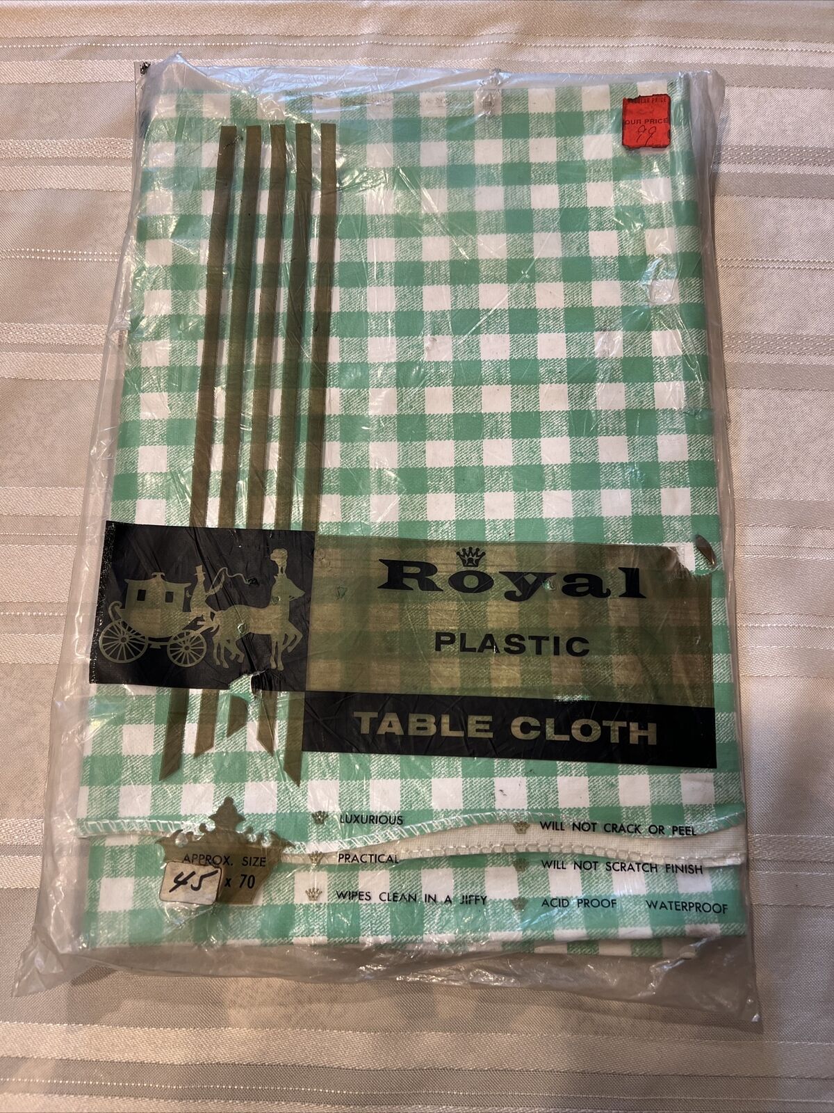 Vintage Green & White Checkerboard Plastic Tablecloth 45x70 NOS