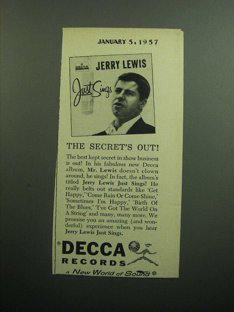 1957 Decca Records Album Ad - Jerry Lewis just Sings - The secret\'s out