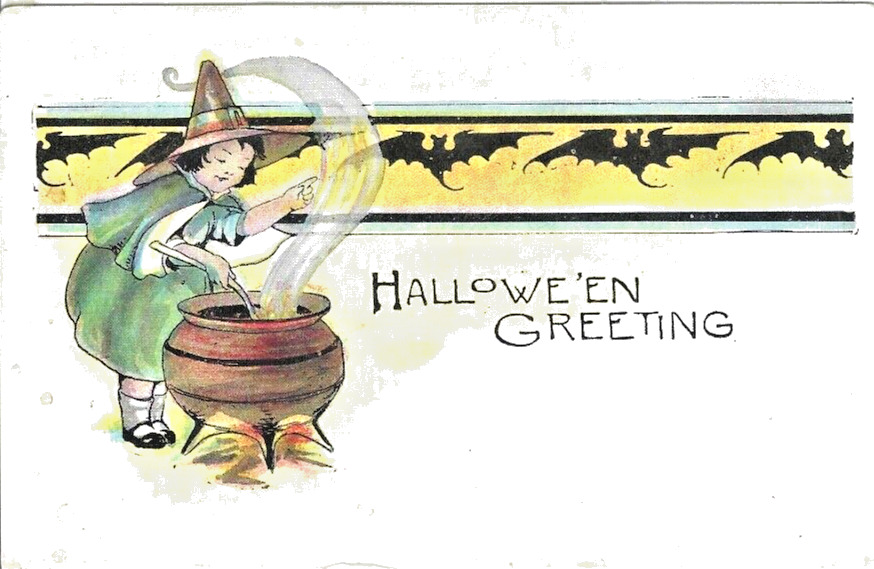 Halloween Postcard Fantasy Witch Stirs Cauldron Vampire Bats NYCE Series 298