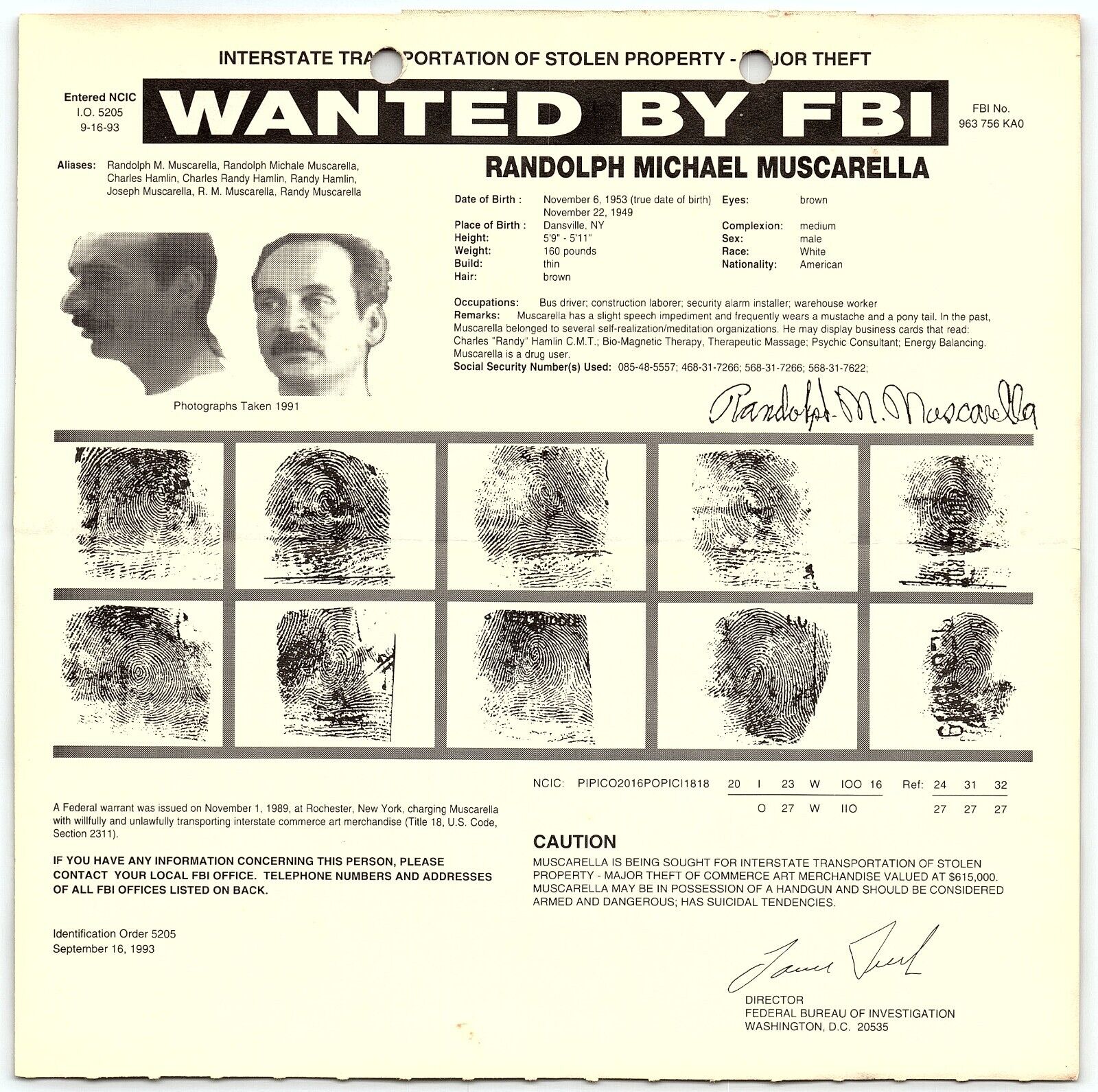 1993 FBI WANTED POSTER RANDOLPH MICHAEL MUSCARELLA HIGH LEVEL ART THEIF  Z4973