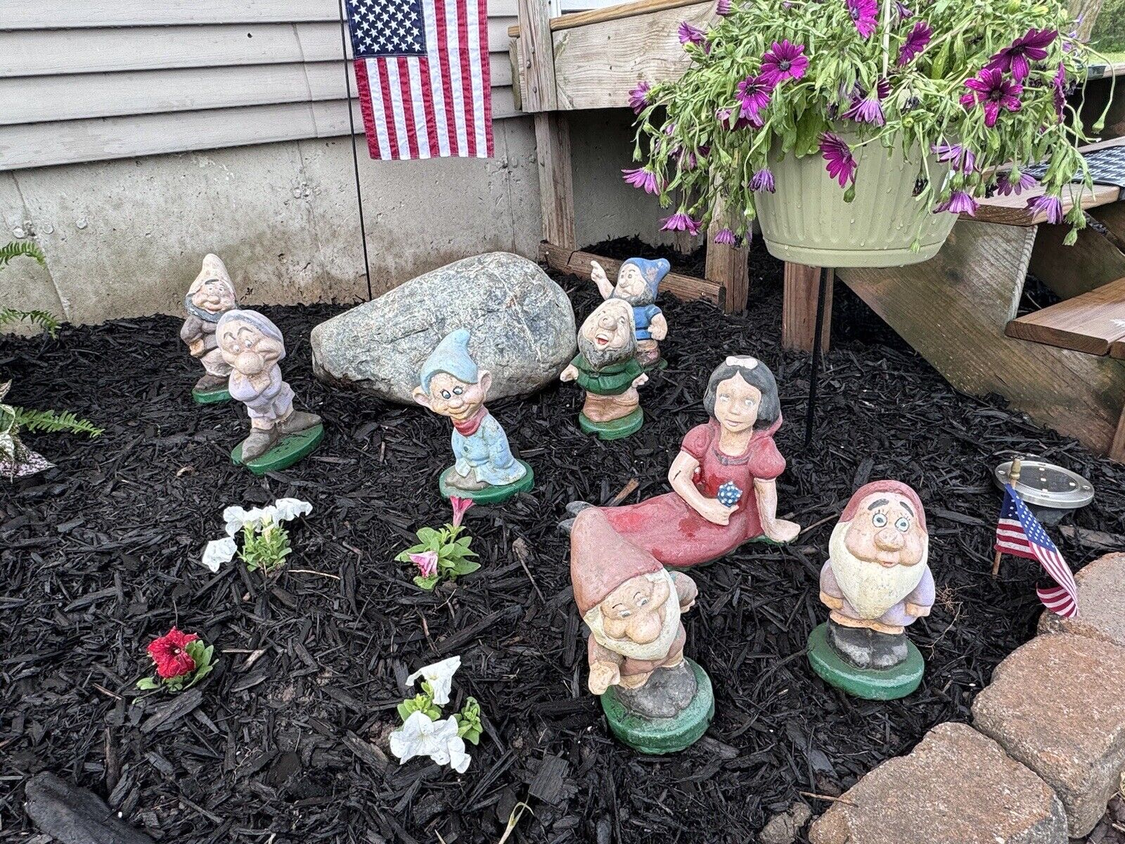Vintage Snow White And Seven Dwarfs Handpainted Cement Outdoor Decor Statues