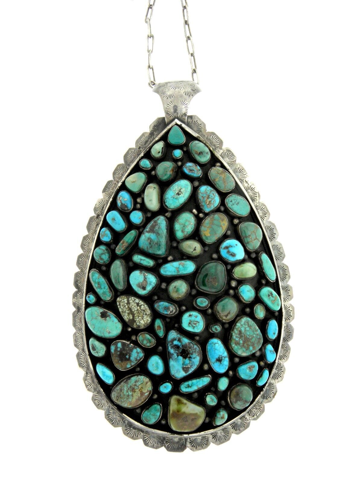 Amazing Massive Navajo Sterling Silver Turquoise Mosaic Pendant Necklace