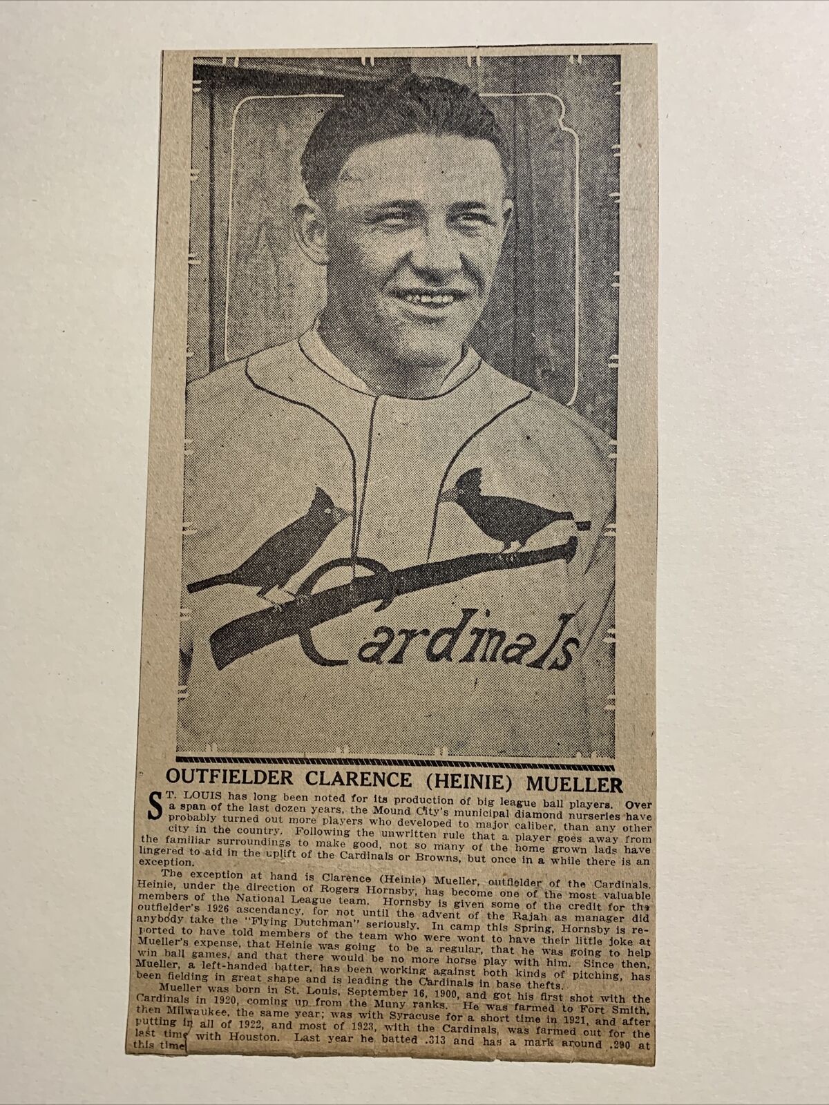 Heinie Mueller St. Louis Cardinals 1926 Sporting News Baseball 5X9 Panel