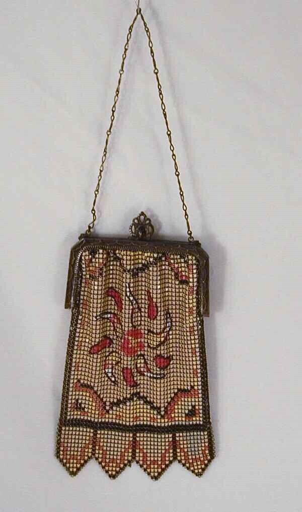 1920 Antique Colorful Yellow Enameled Mesh Purse Floral Decoration Whiting Davis