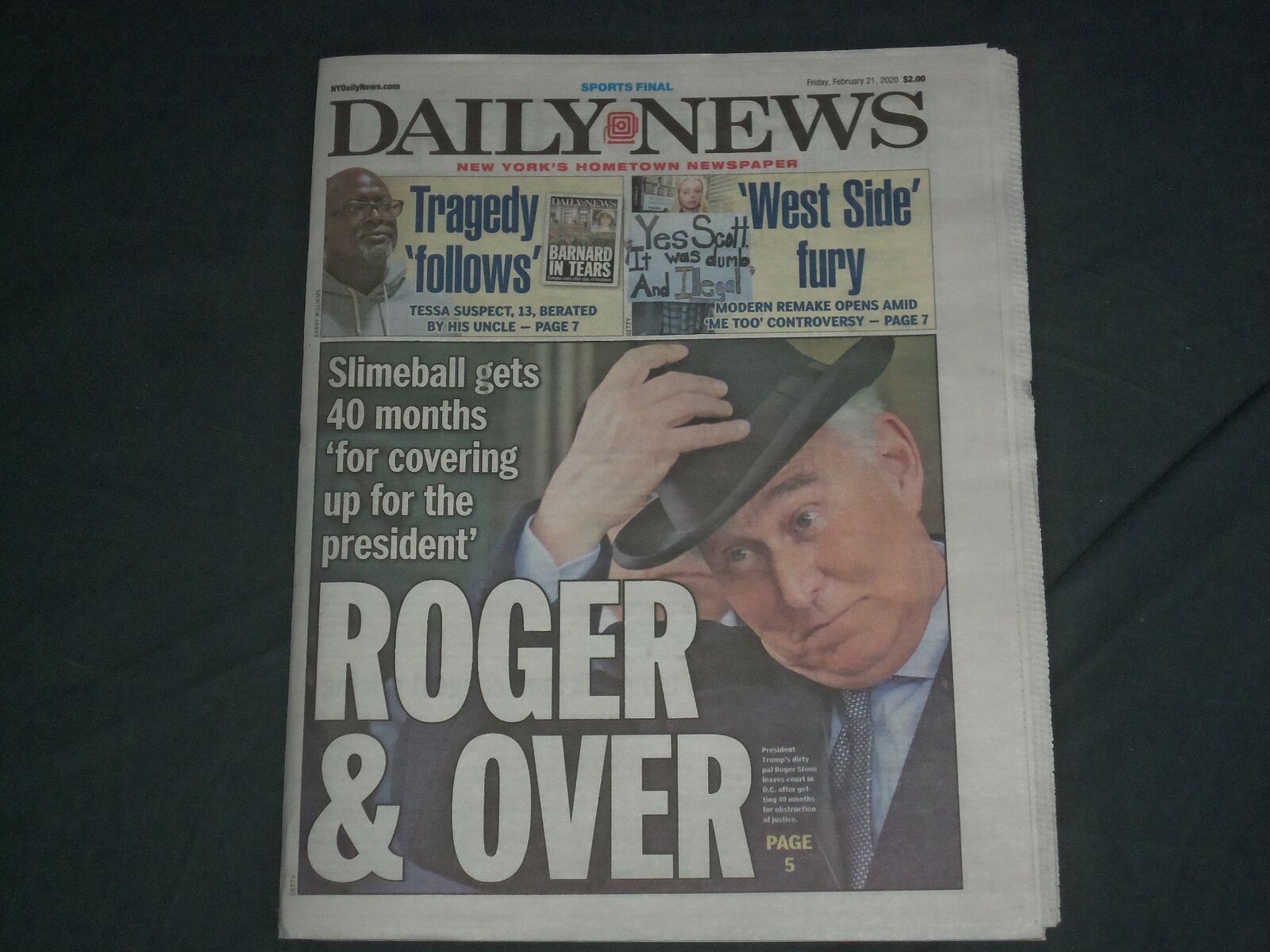 2020 FEBRUARY 21 NEW YORK DAILY NEWS NEWSPAPER - ROGER STONE GETS 40 MONTHS