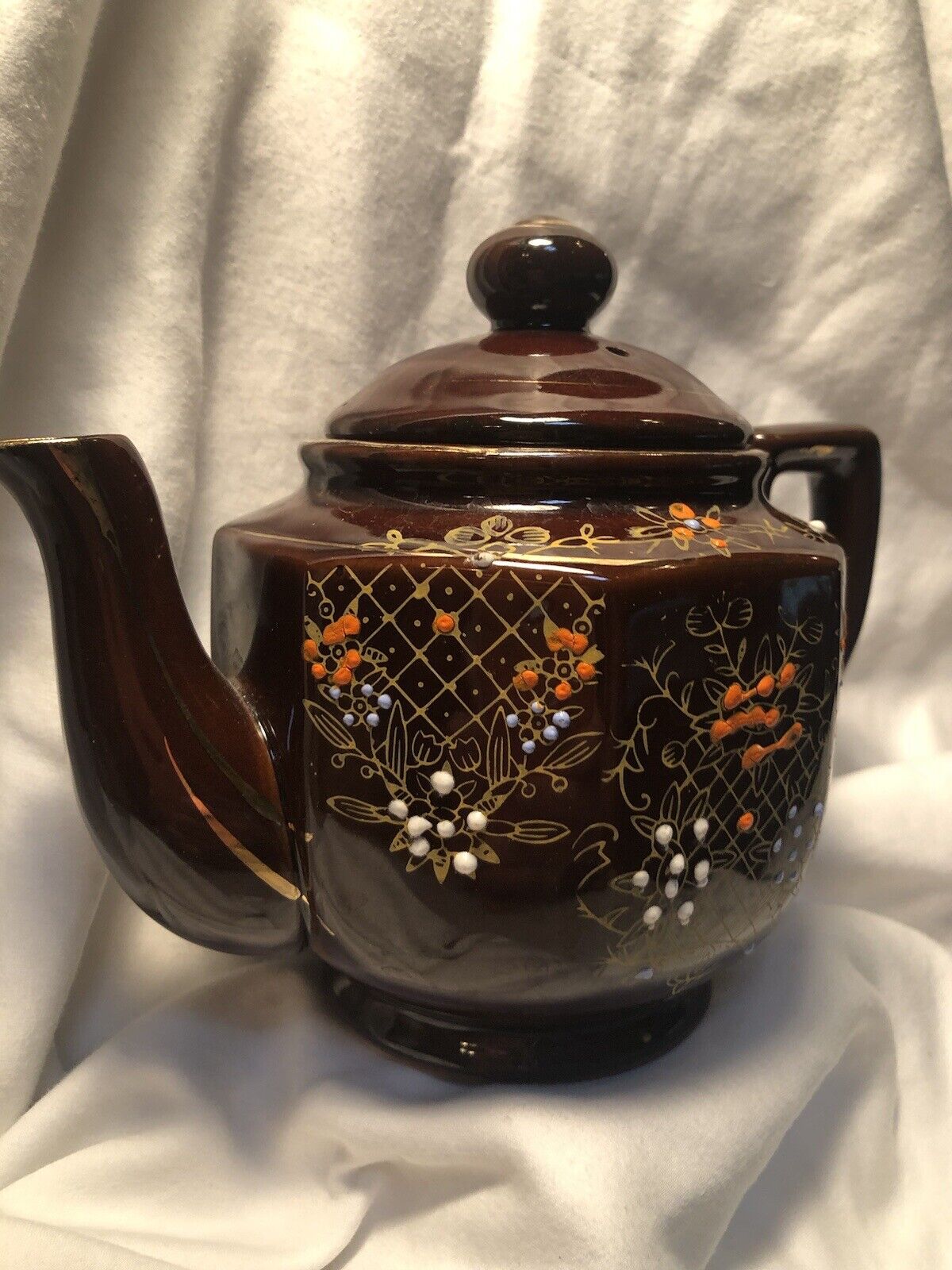 Vintage Brown Betty Reward Teapot Moriage Enamel Handpainted Made In Japan