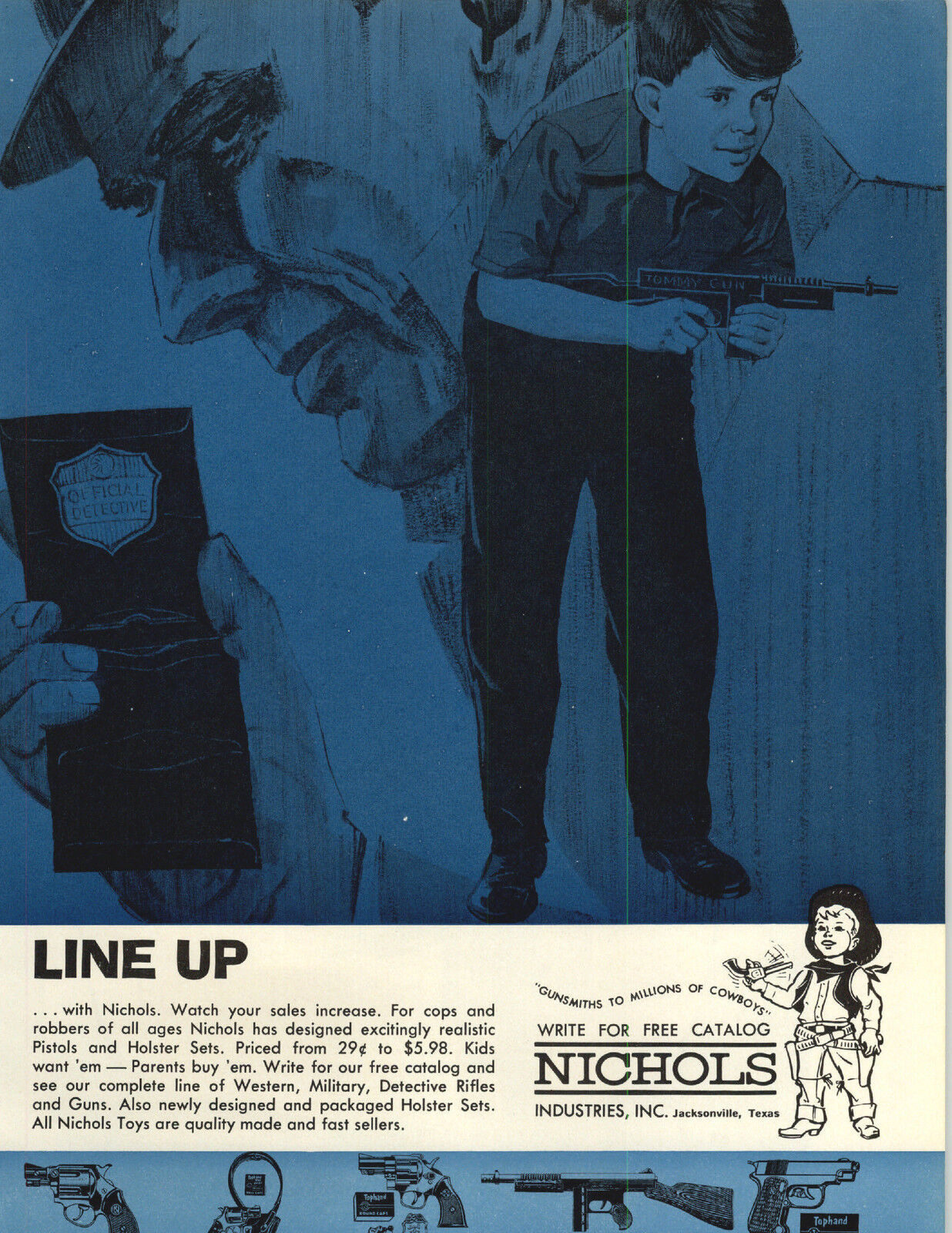 1964 PAPER AD Nichols Toy Guns Rifle Pistol Tommy Gun Army Cap Detective