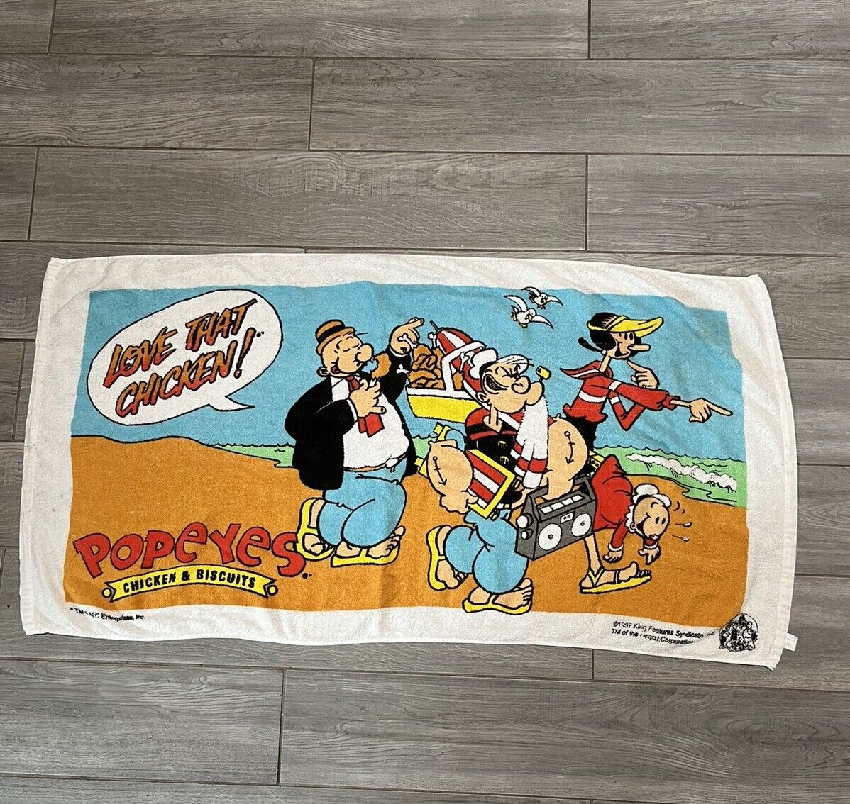 vtg popeye the sailor popeyes chicken and biscuits 1997 promo beach towel