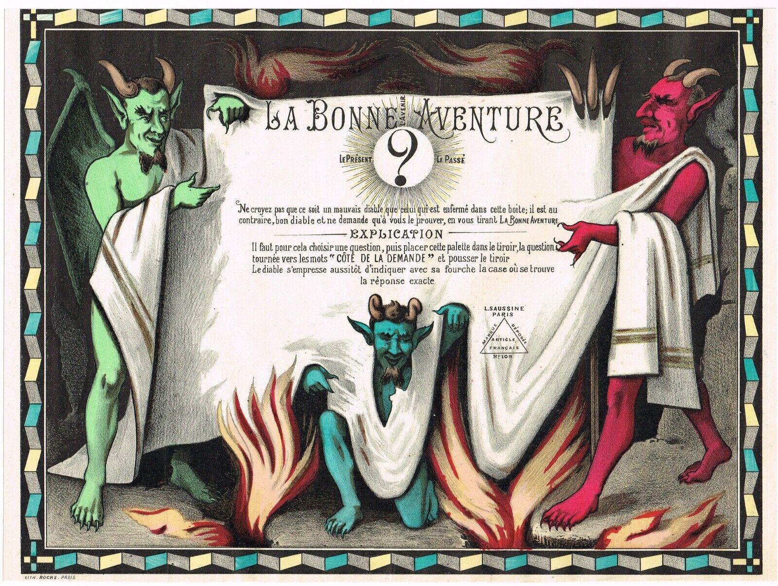 GENUINE FRENCH MAGIC DEVIL MYSTICISM BOX LABEL POSTER VINTAGE GAME BOARD LITHO