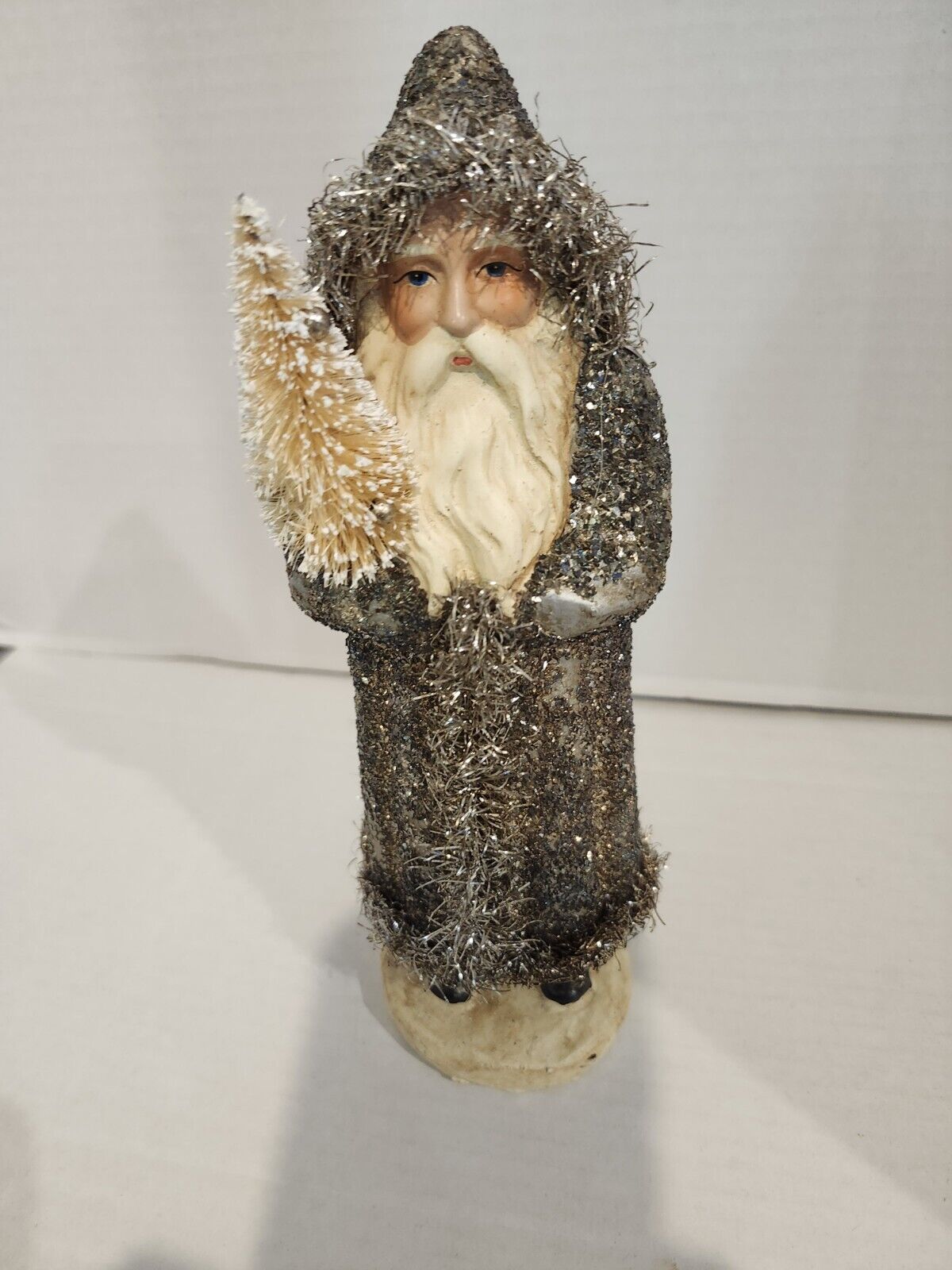 Primitive Belsnickle Silver Glitter Santa Claus Figure with Tree 10