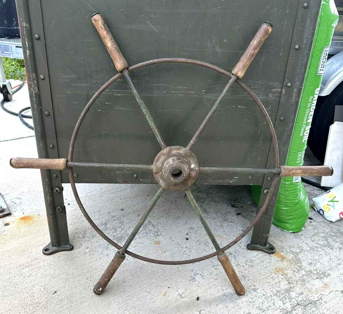 Antique 31 inch Ship's Wheel 6 Spokes WOOD Handles  METAL / Steel frame & HUB