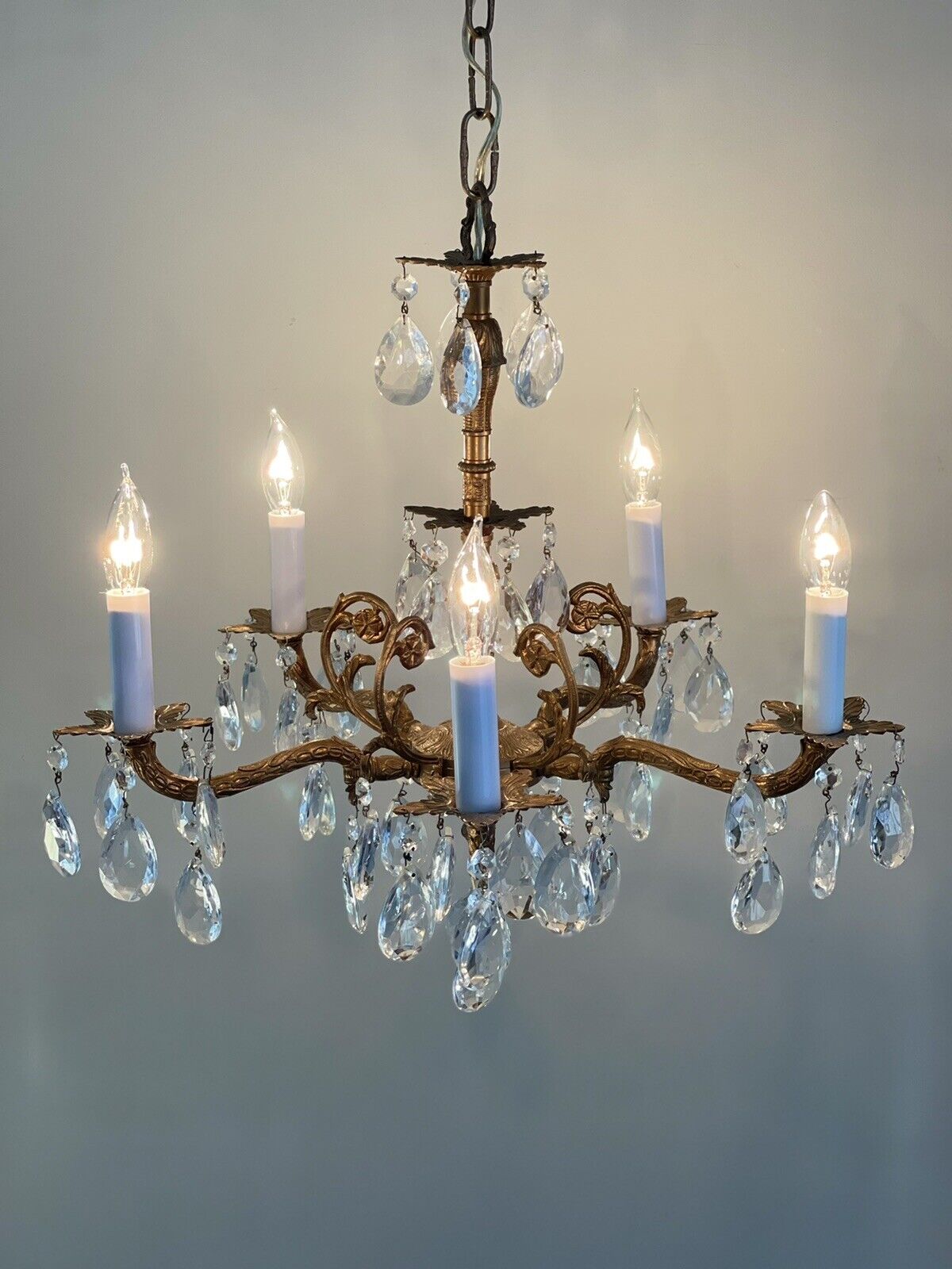 Antique Vintage PETITE French Crystal Brass Chandelier