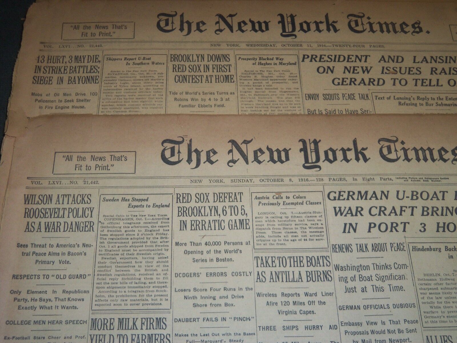 1916 WORLD SERIES RED SOX DEFEAT ROBINS 4-1 NEW YORK TIMES LOT OF 5 - NT XXXX