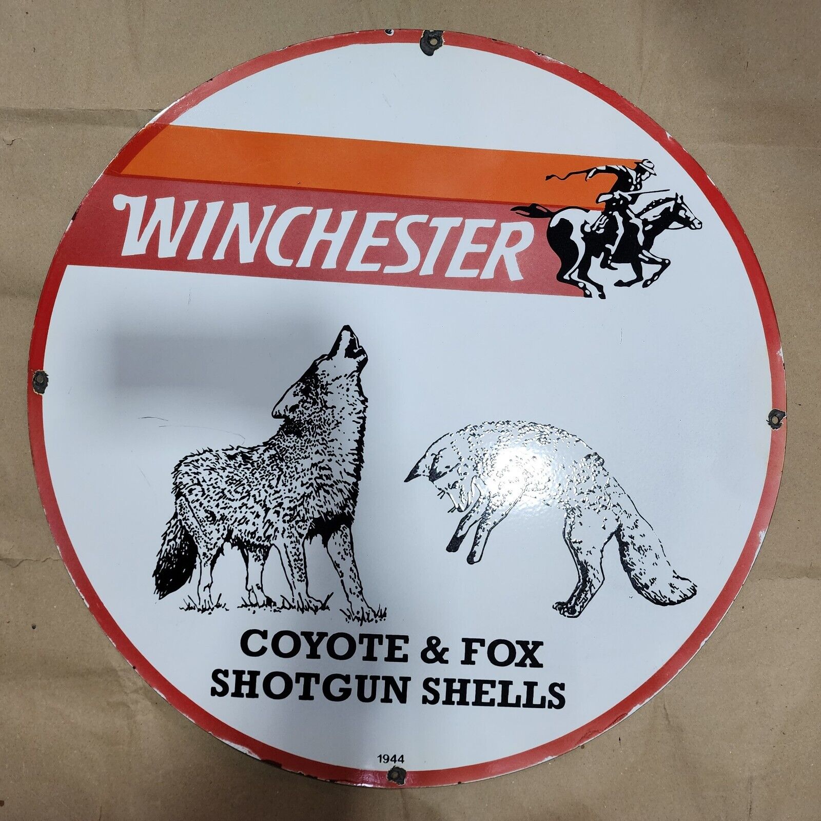 WINCHESTER COYOTE & FOX PORCELAIN ENAMEL SIGN 30 INCHES ROUND