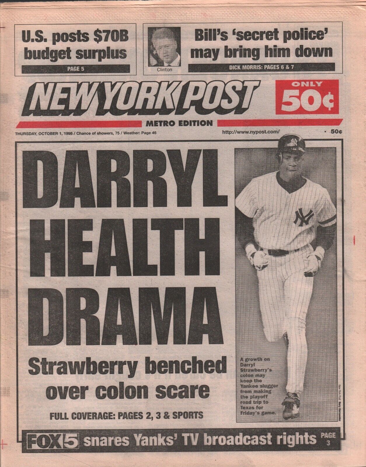 New York Post October 1 1998 Darryl Strawberry New York Yankees 020320AME