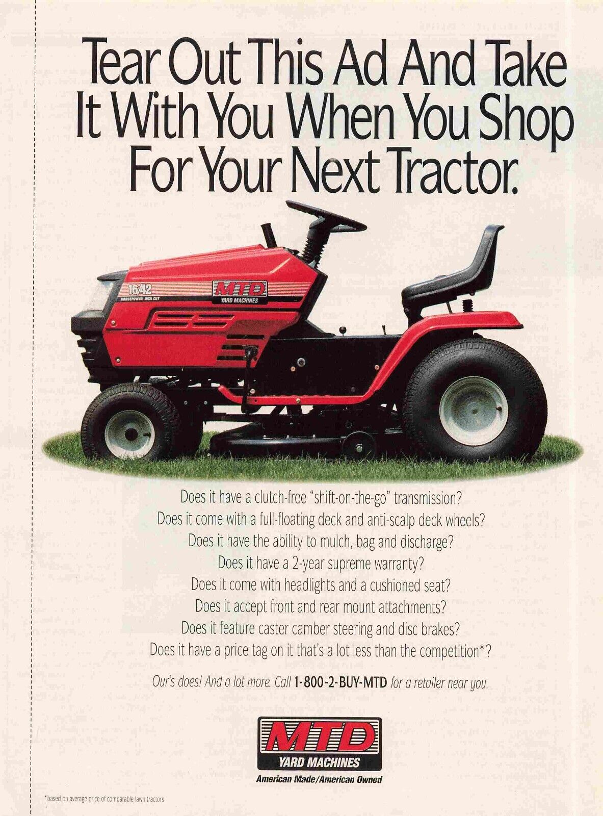 Mtd 16/42 Yard Machines Lawn Mower Tractor 1990S Vtg Print Advertisement 8X11