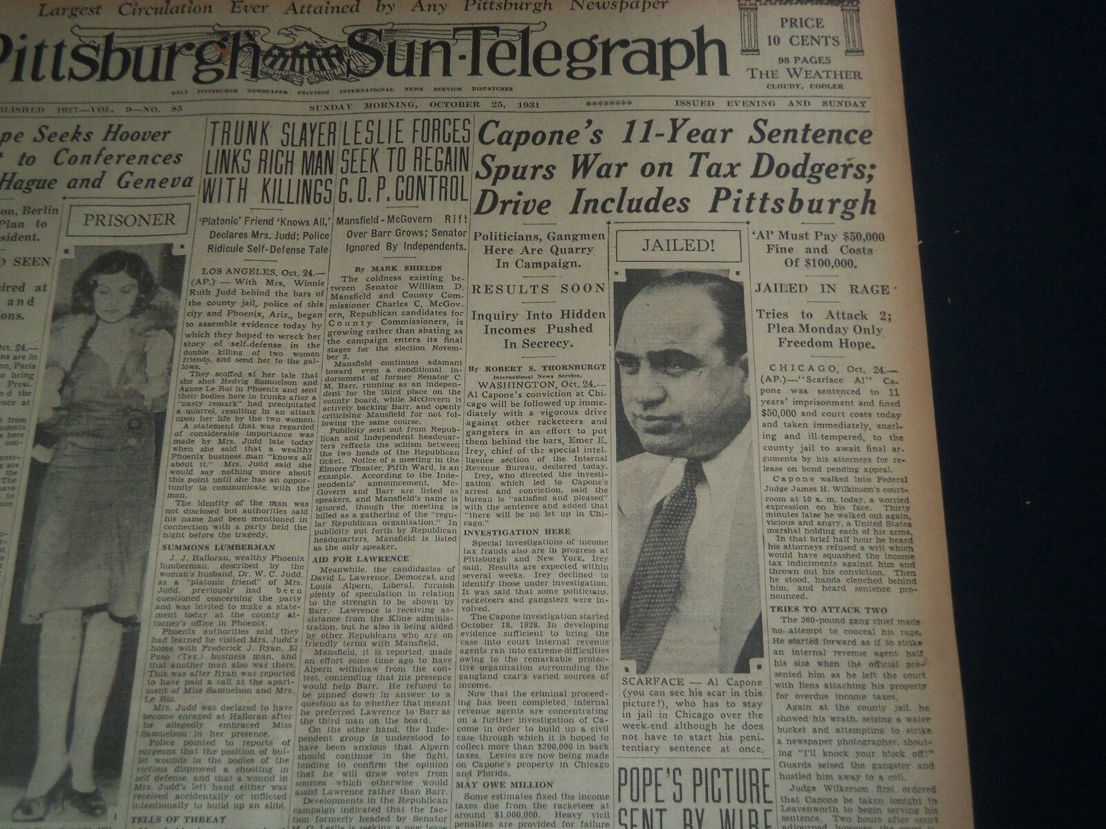 1931 OCTOBER 25 PITTSBURGH SUN-TELEGRAPH - CAPONE'S 11 YEAR SENTENCE - NT 7533