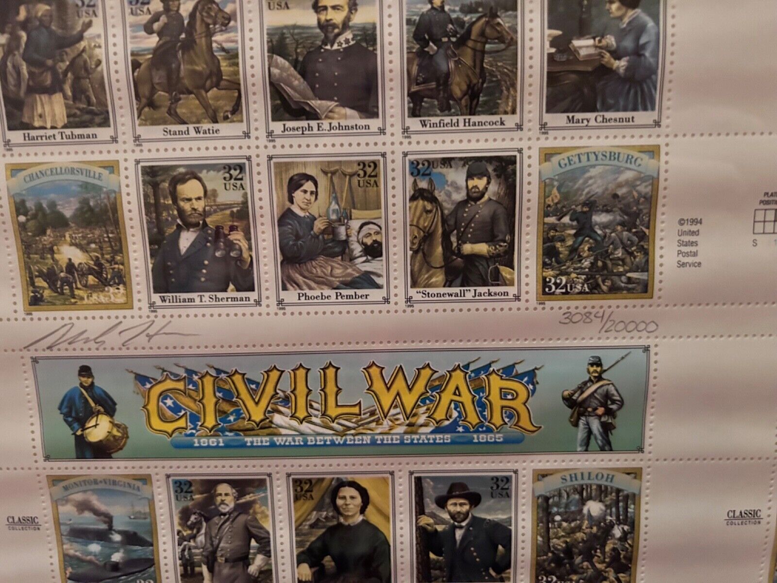 Civil War Commemorative Stamp sheet signed and numbered 3084/20000