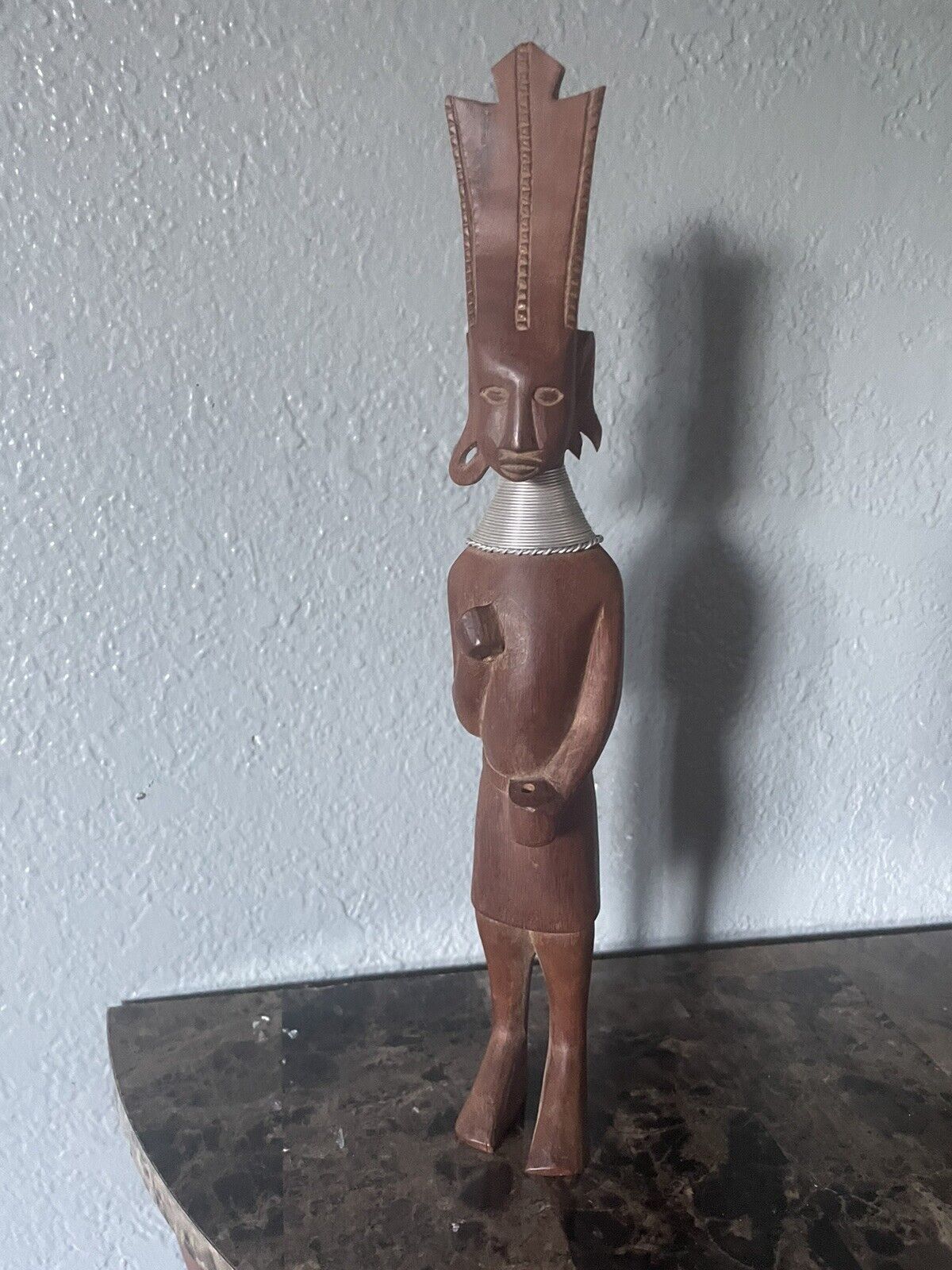 Vintage Wood Carved African Folk Tribal Statue Figure Warrior Metal Neck Rings