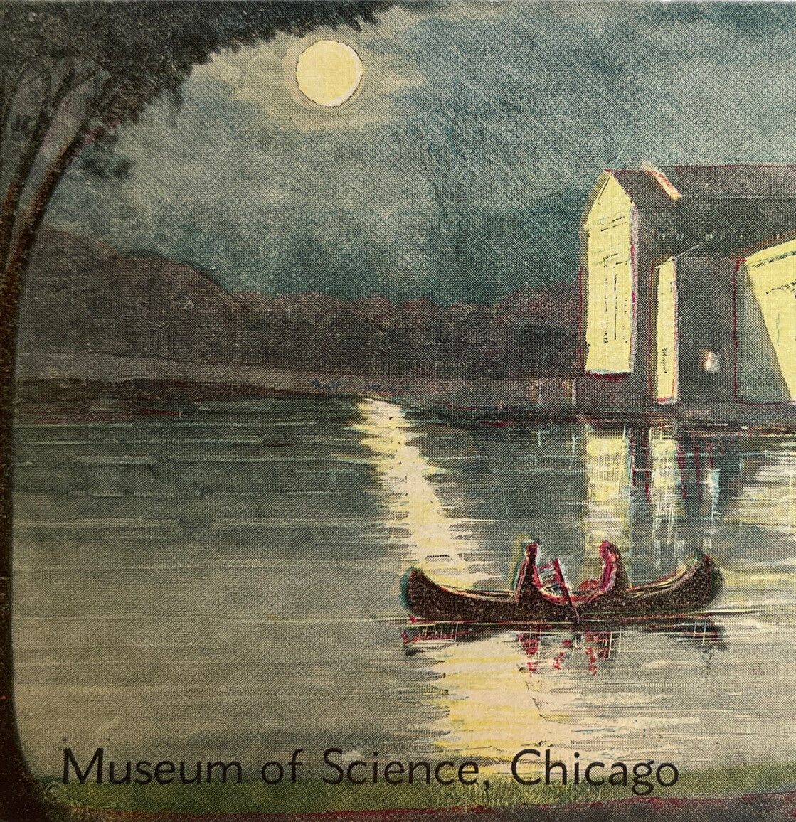 Vtg Litho Postcard 1930s Linen Museum Of Science Chicago Moonlight By Lueter