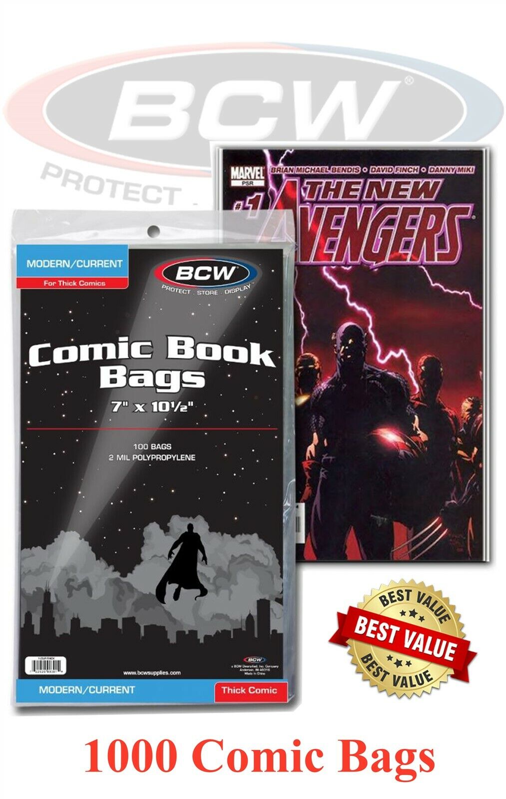 1000 BCW Thick Comic Book Bags Sleeve For Modern/Current Book 2 Mil Safe Storage